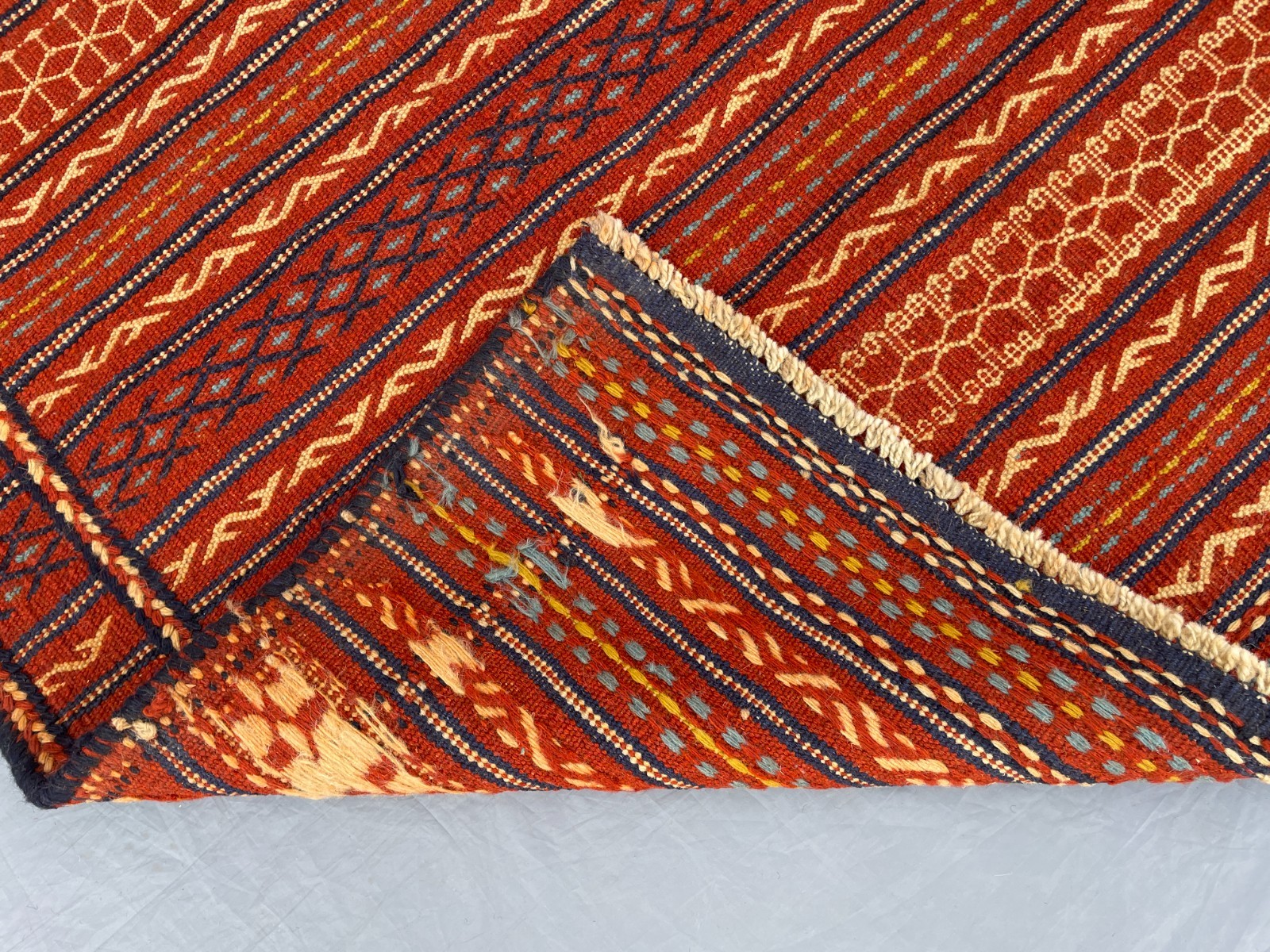3’7 x 5’5 Ft Handwoven Afghan Soumak Kilim – Vibrant Red and Blue Tribal Design