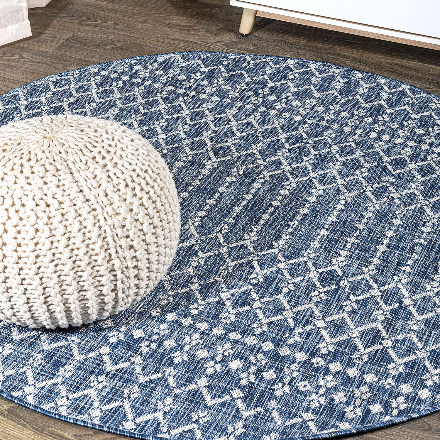 Moroccan Geometric Indoor Outdoor round Area Rug 4 Ft Navy/Light Gray, Ourika Te