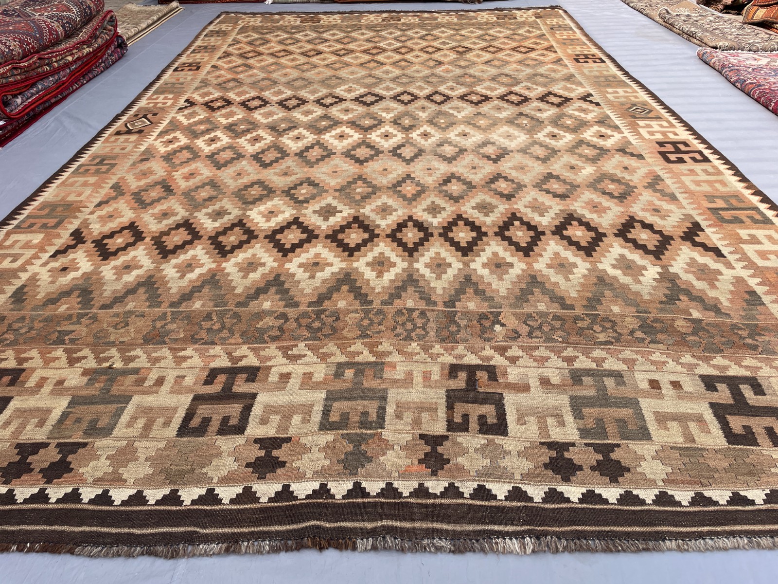 9×16 Neutral Afghan Area Kilim Rug with Repeating Diamond Medallions and Tribal