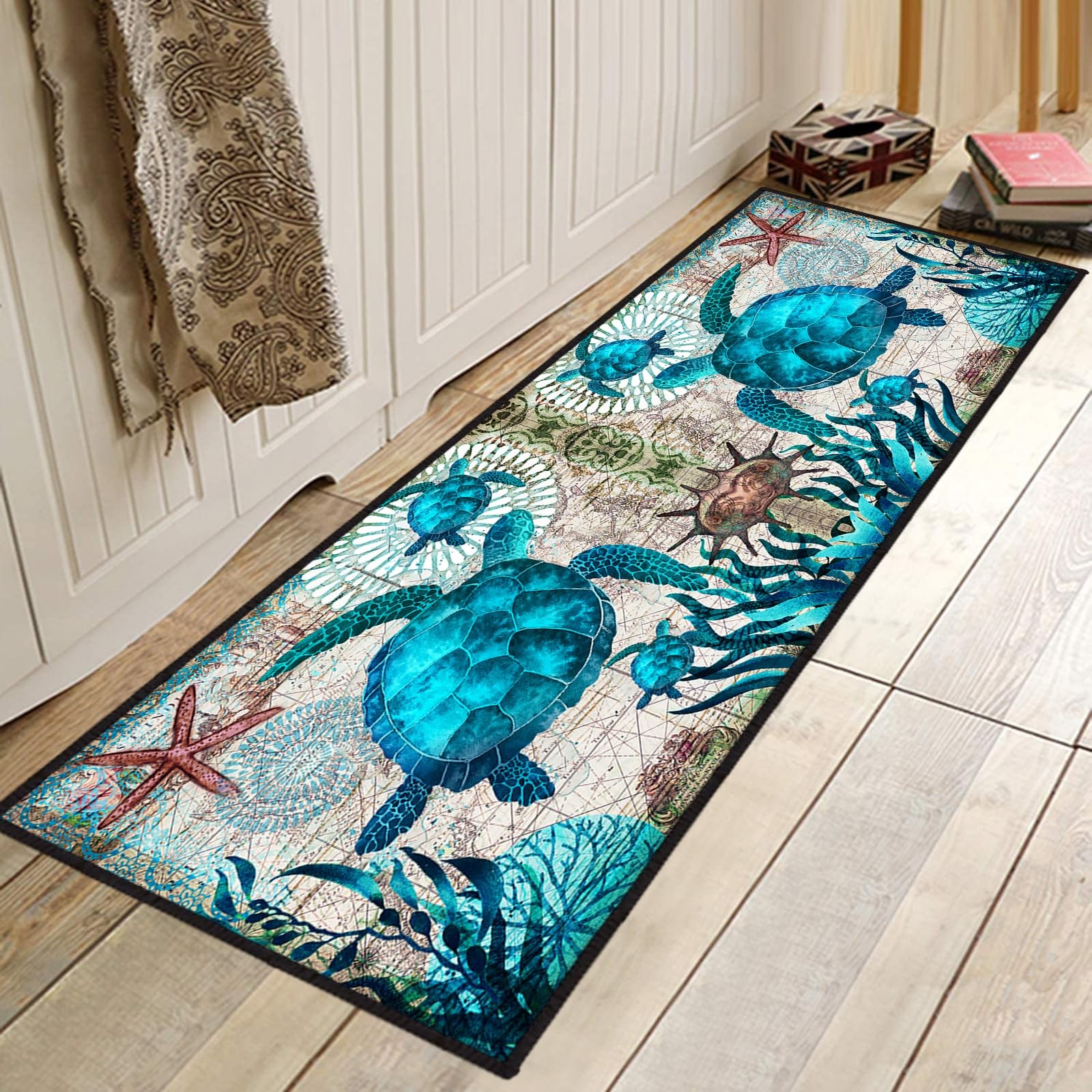 Coastal Runner Sea Turtle Hallway Rug 2×6 – Blue Turtles Beach Ocean Life Tea…