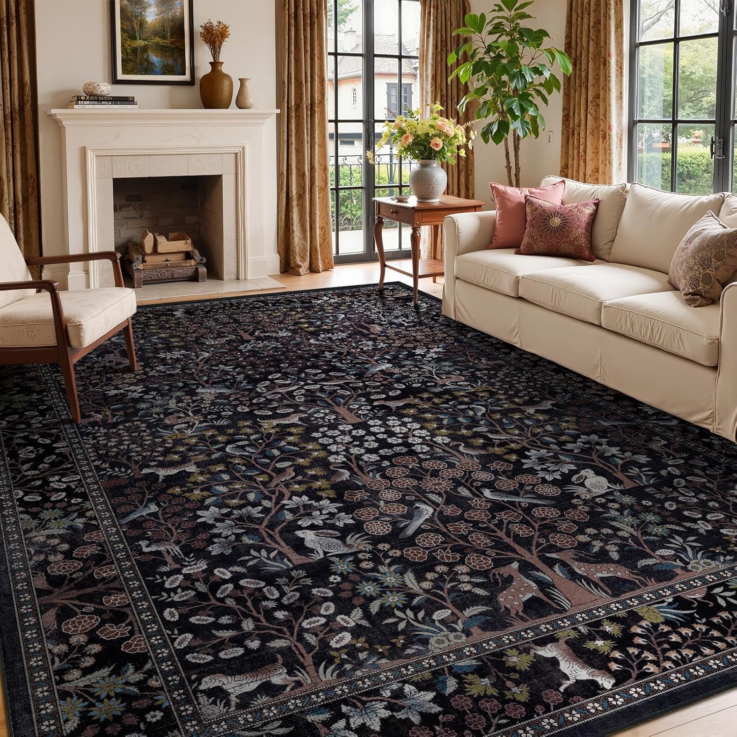 Midnight Blue Floral Living Room Rug 8×10, Vintage Washable Tree of Life with
