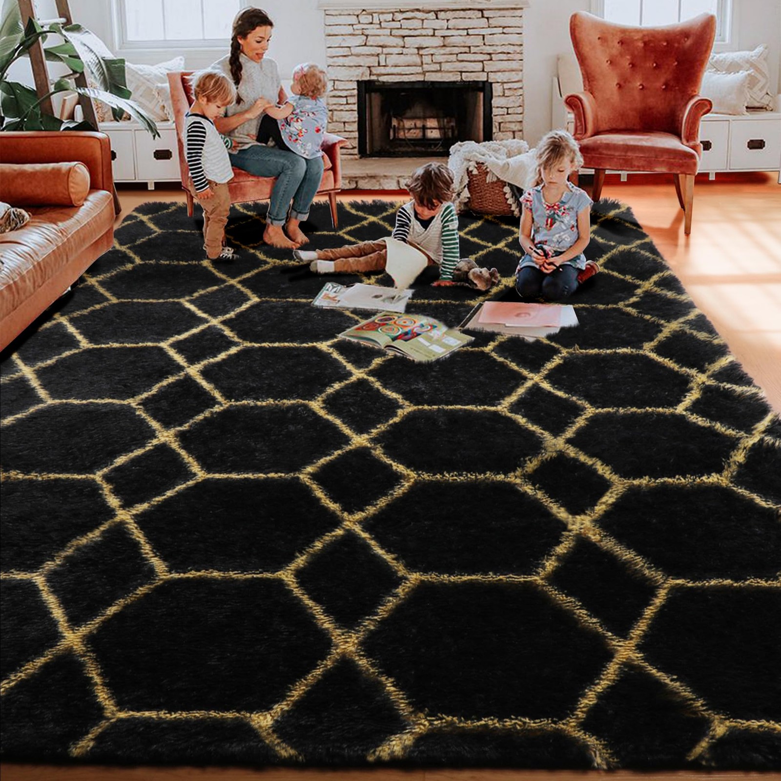 5×7 Area Rugs for Living Room Bedroom, Fluffy Black and Gold Faux Fur Rug, Ge…