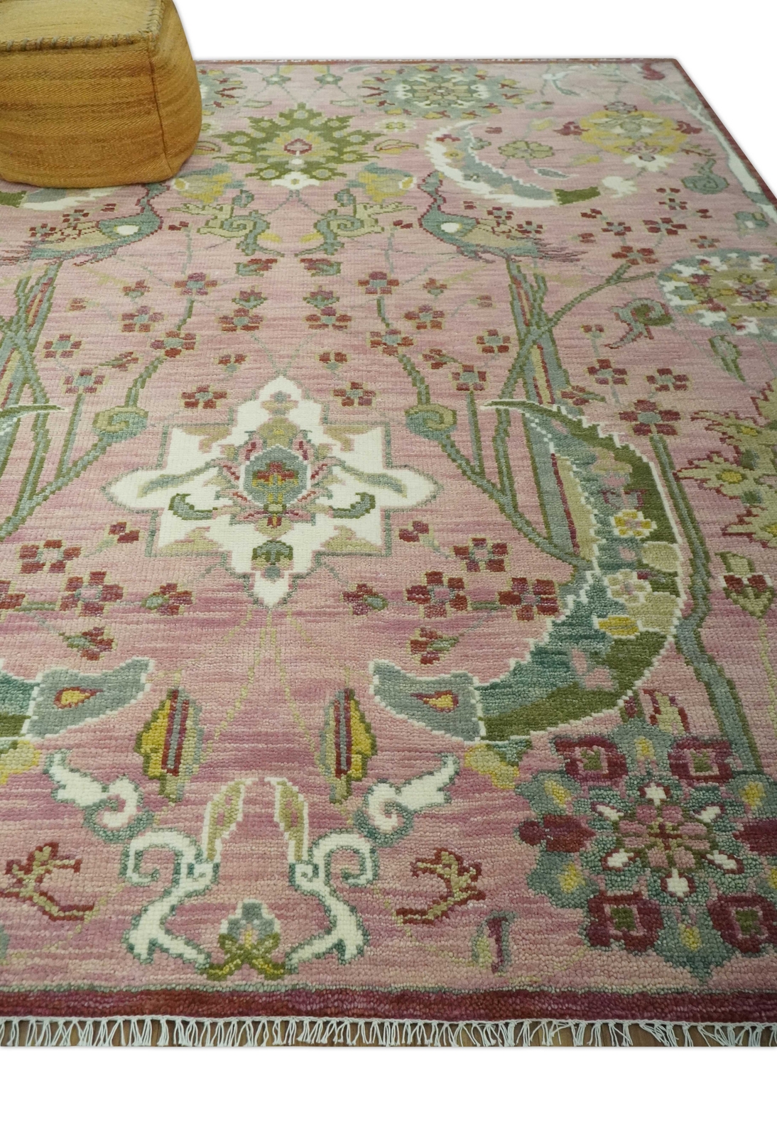 Custom Made Peach, Green, Olive And Beige Jungle Hand Knotted Wool Area Rug