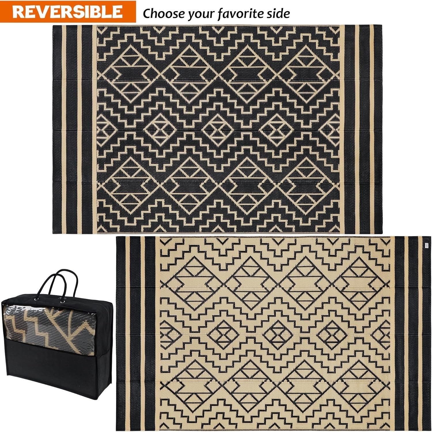 Reversible Plastic Rug 5×8 Outdoor Patio RV Beach Deck Black Beige