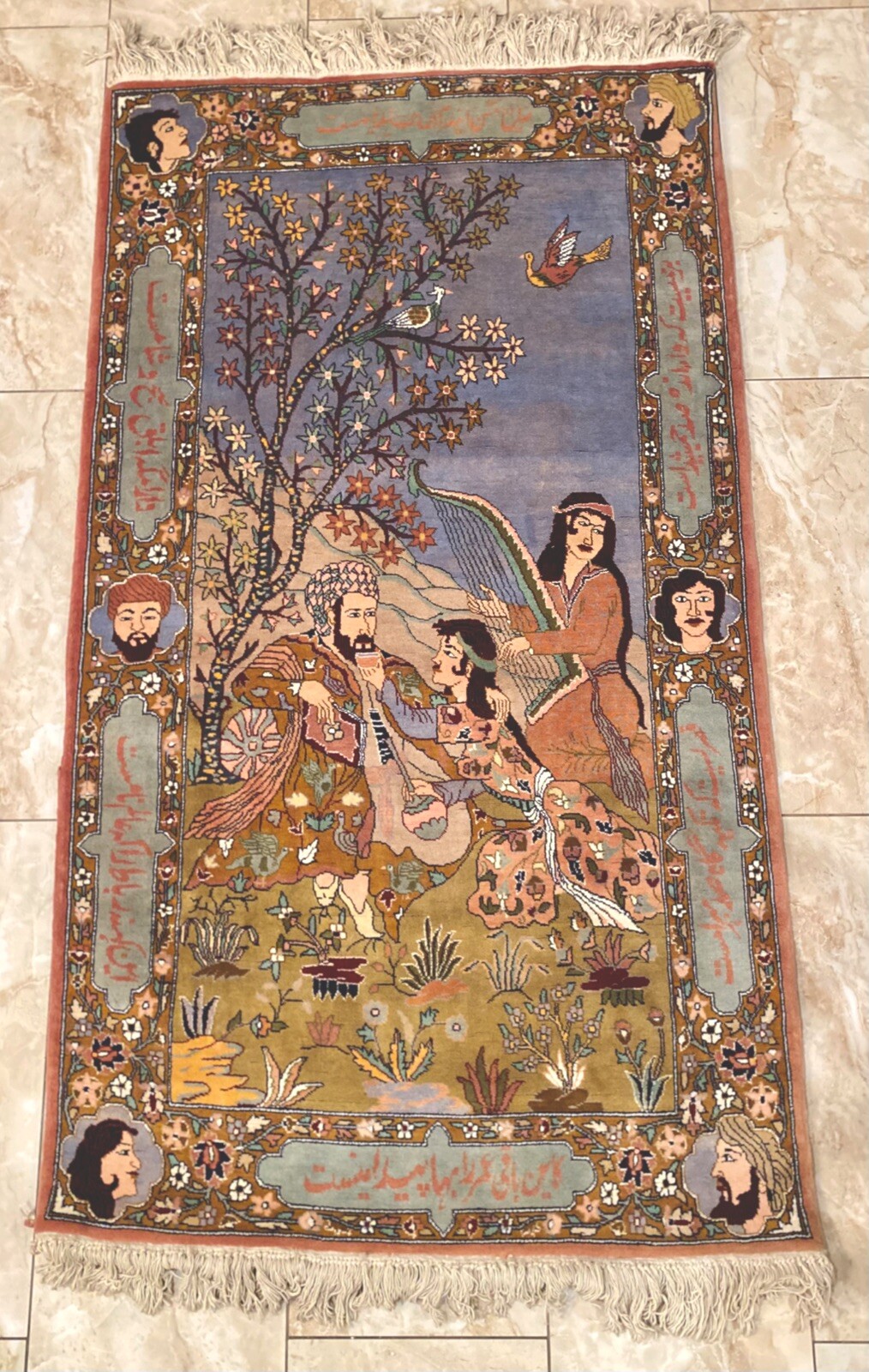 Authentic VTG ISFAHAAN Hand-Knotted Wool Silk Pictorial Rug Carpet 70”X36”.