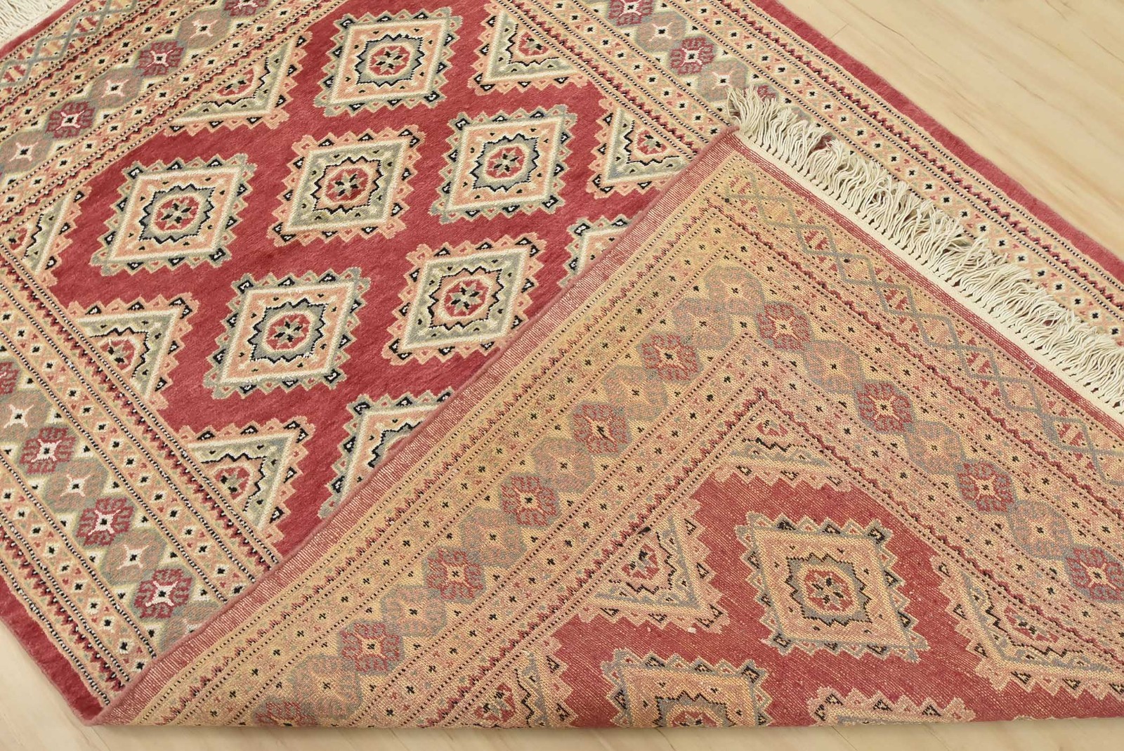 Bokhara Jaldar Rug 4’2” x 6’3” Pink Wool Tribal Hand-Knotted Oriental Carpet