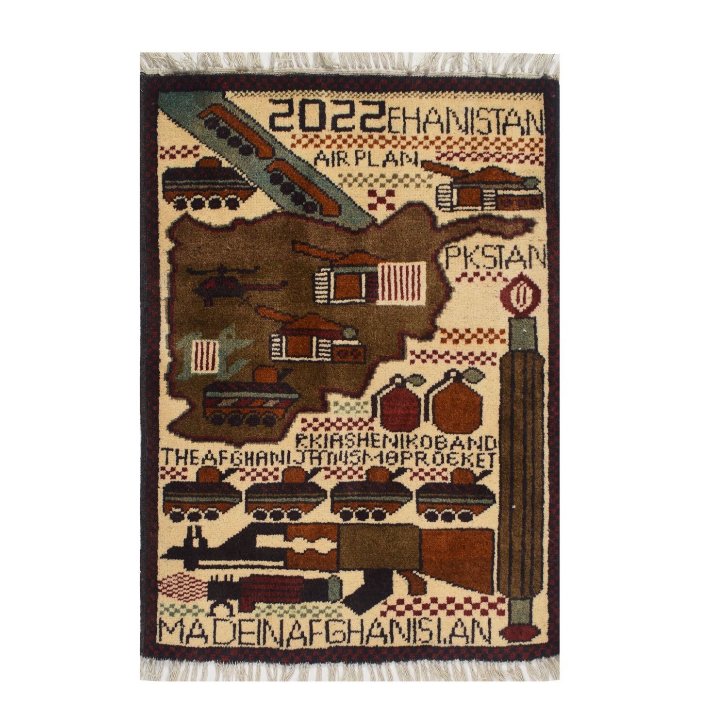 1’9 x 2’4 Handmade Afghan War Rug – Beige Tribal Wool Carpet Oriental – 15591