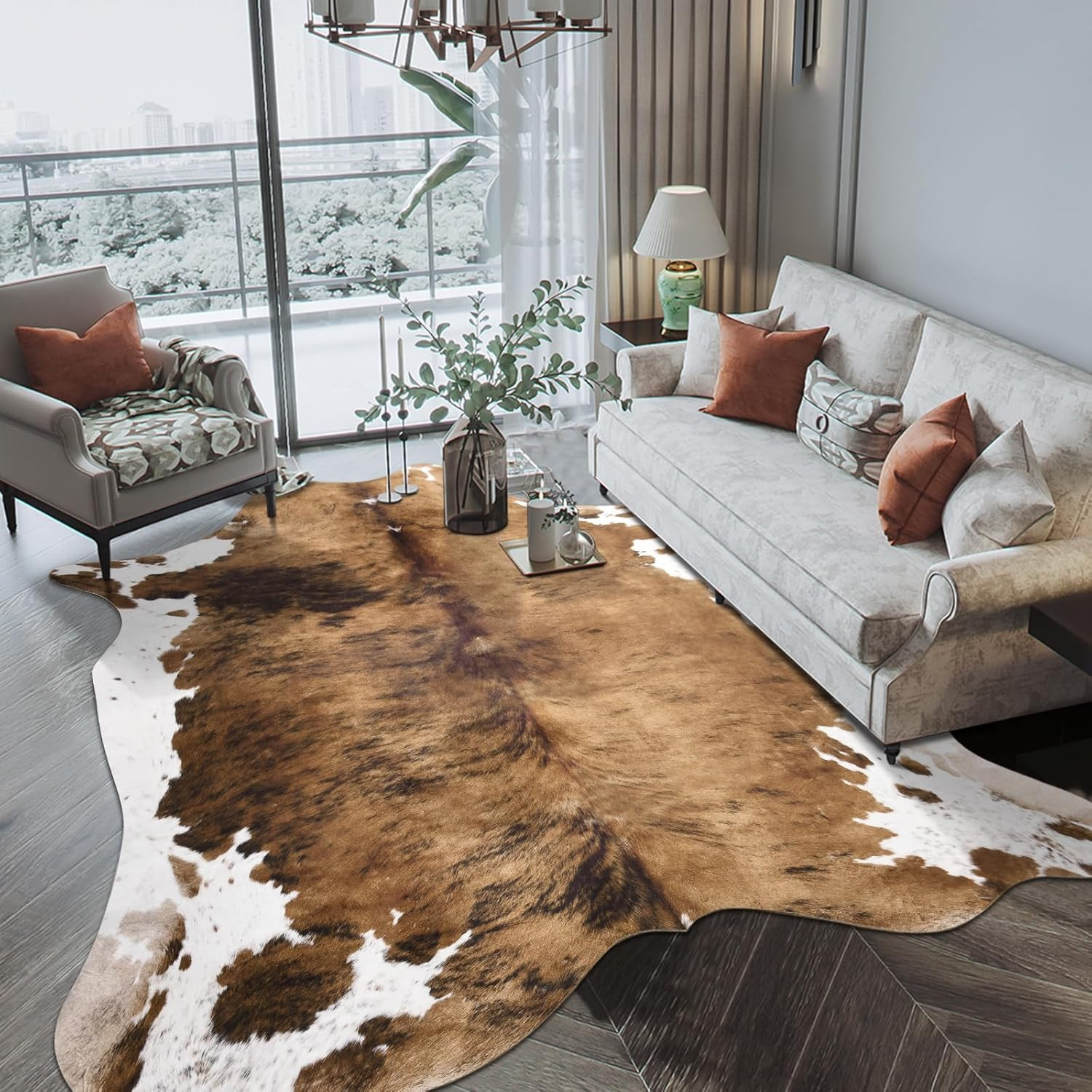 Luxury Faux Cowhide Rug 5.3×6.2ft – Western Style Non-Slip Area Rug