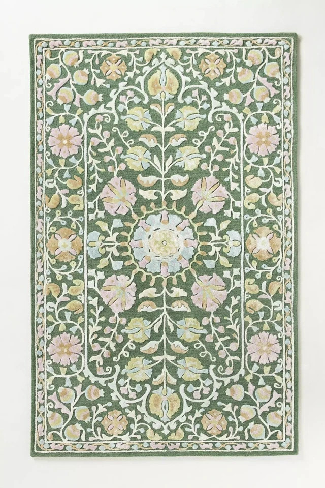 Handmade Wool & Silk Tufted Rug Floral Botanical Design Green Carpet etc..