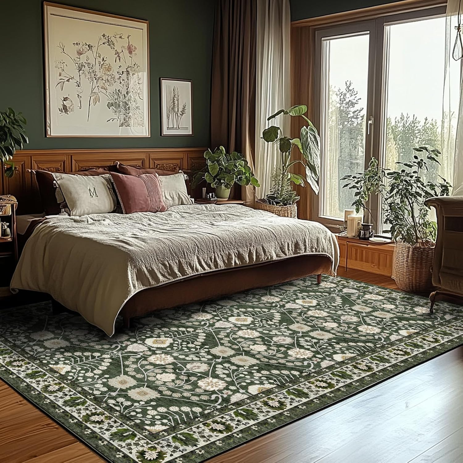 Large Living Room Rug Dark Green Floral Area Rugs Machine Washable Rug 8X10 Boho