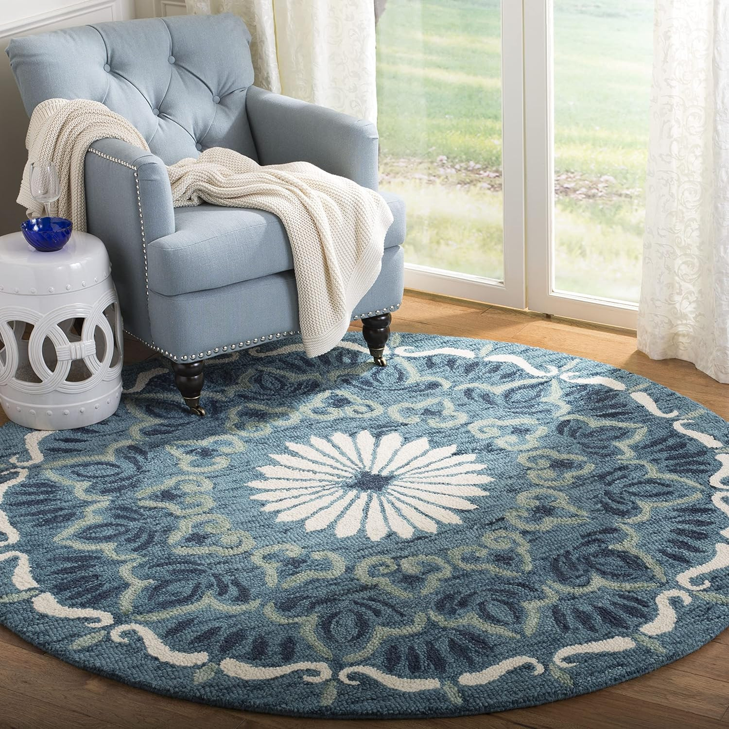 Handmade Boho Area Rug – 6′ Round, Blue & Ivory, Perfect for High Traffic Areas