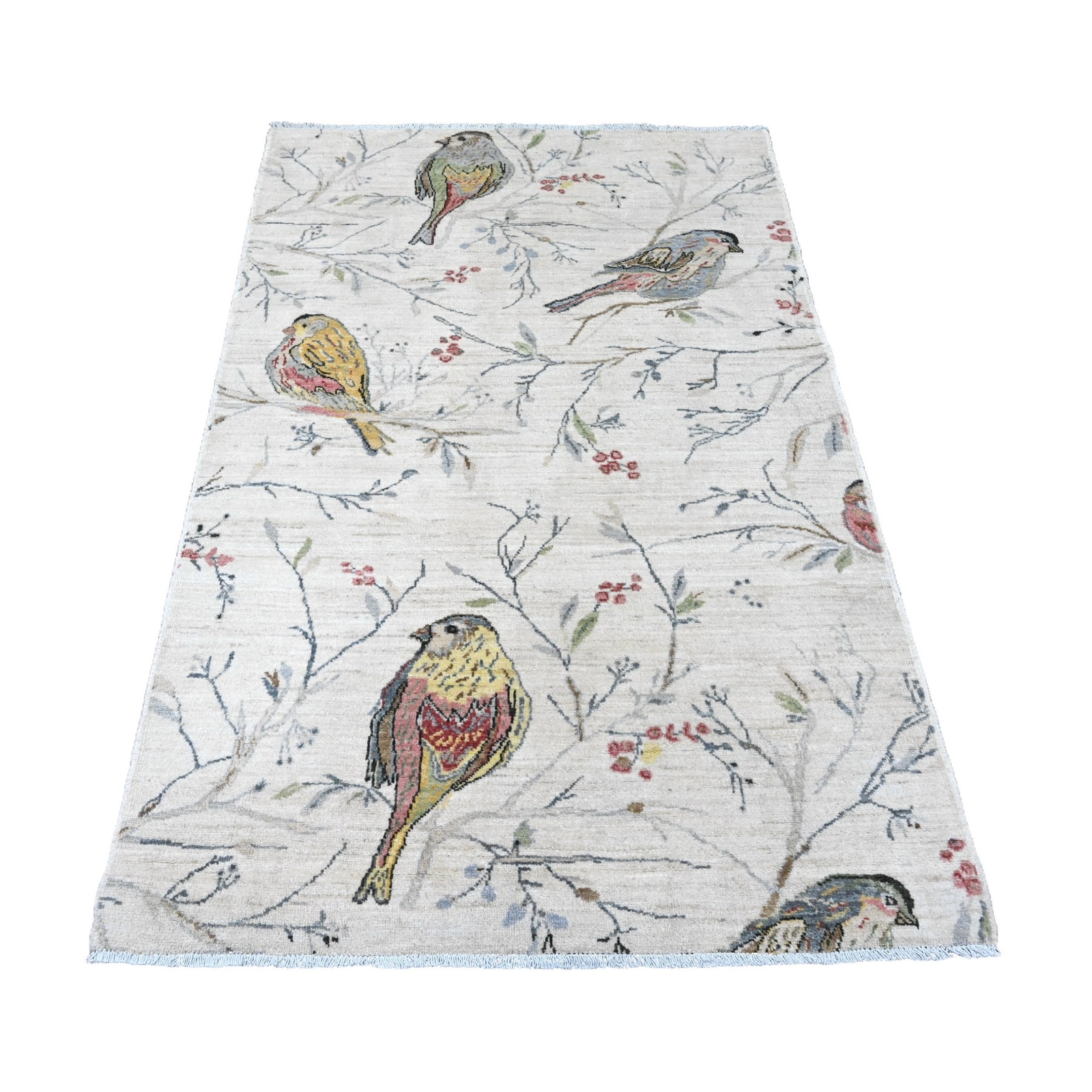 4’x6′ Ivory Sparrows on the Tree Peshawar Soft Wool Hand Knotted Rug R20955