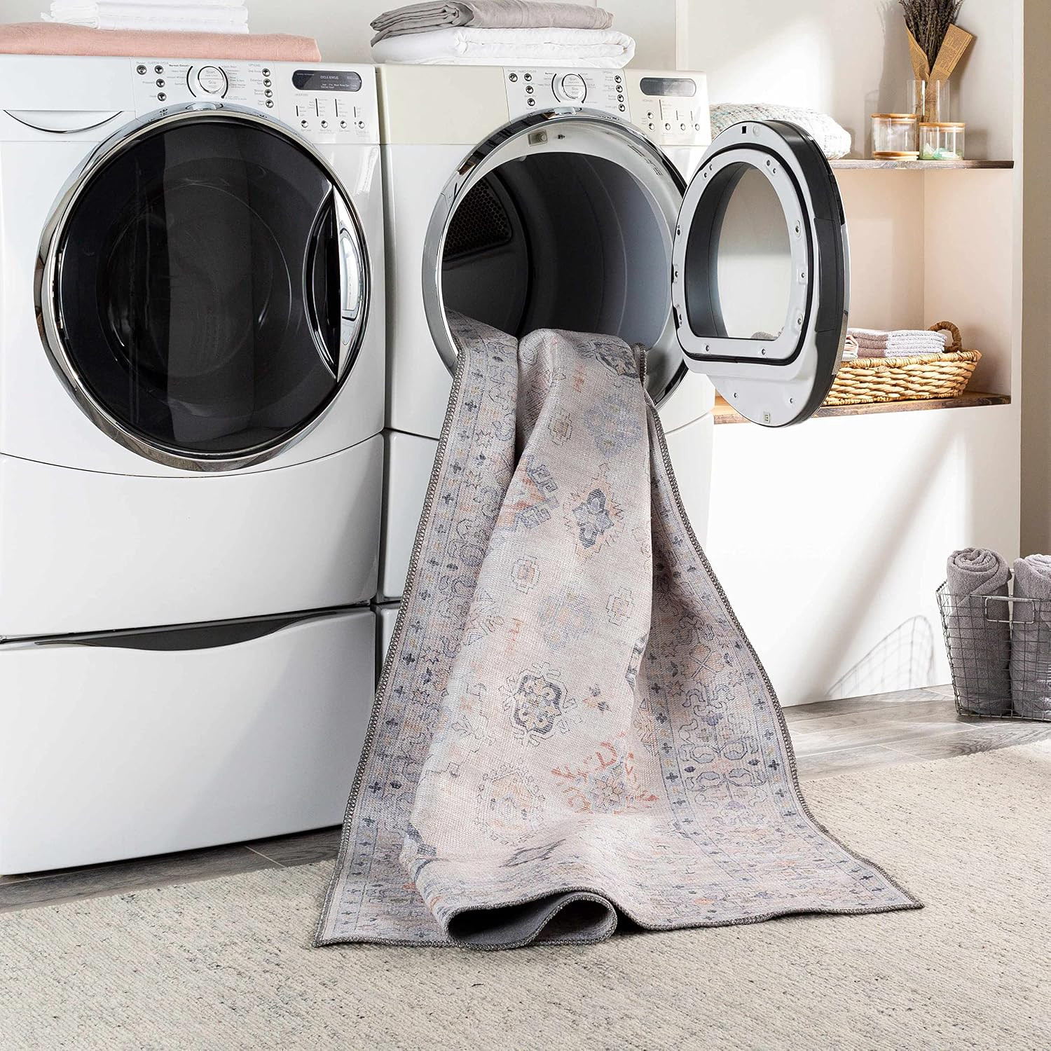Hauteloom Beckett Machine Washable Area Rug – Distressed Border Medallion Diamon