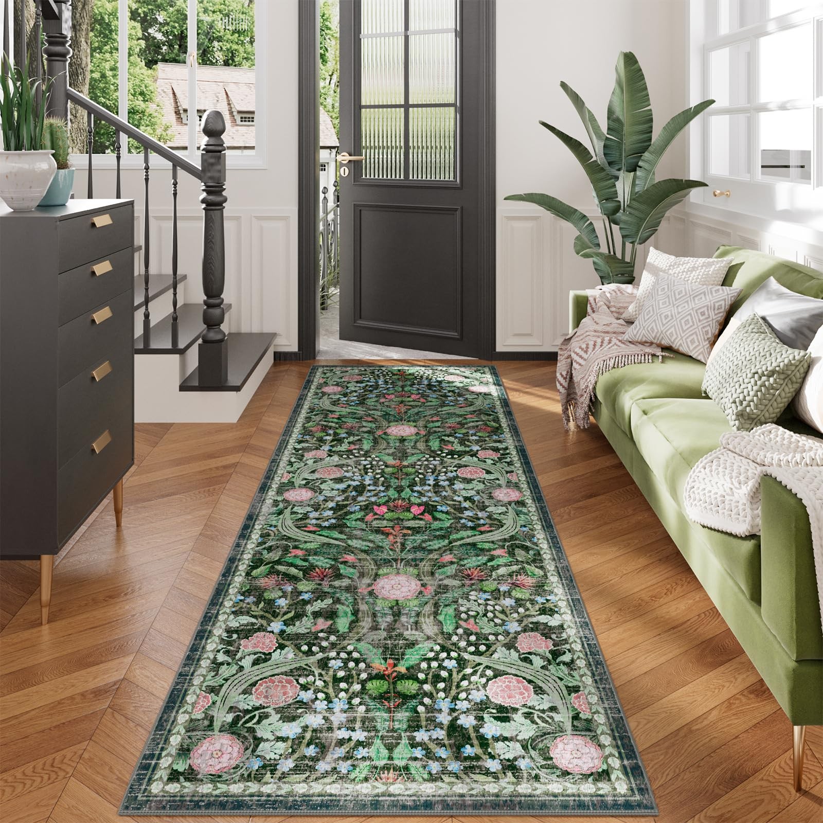 2×6 Runner Rug for Hallway, Washable Non-Slip Long Kitchen Carpet, Floral Vin…