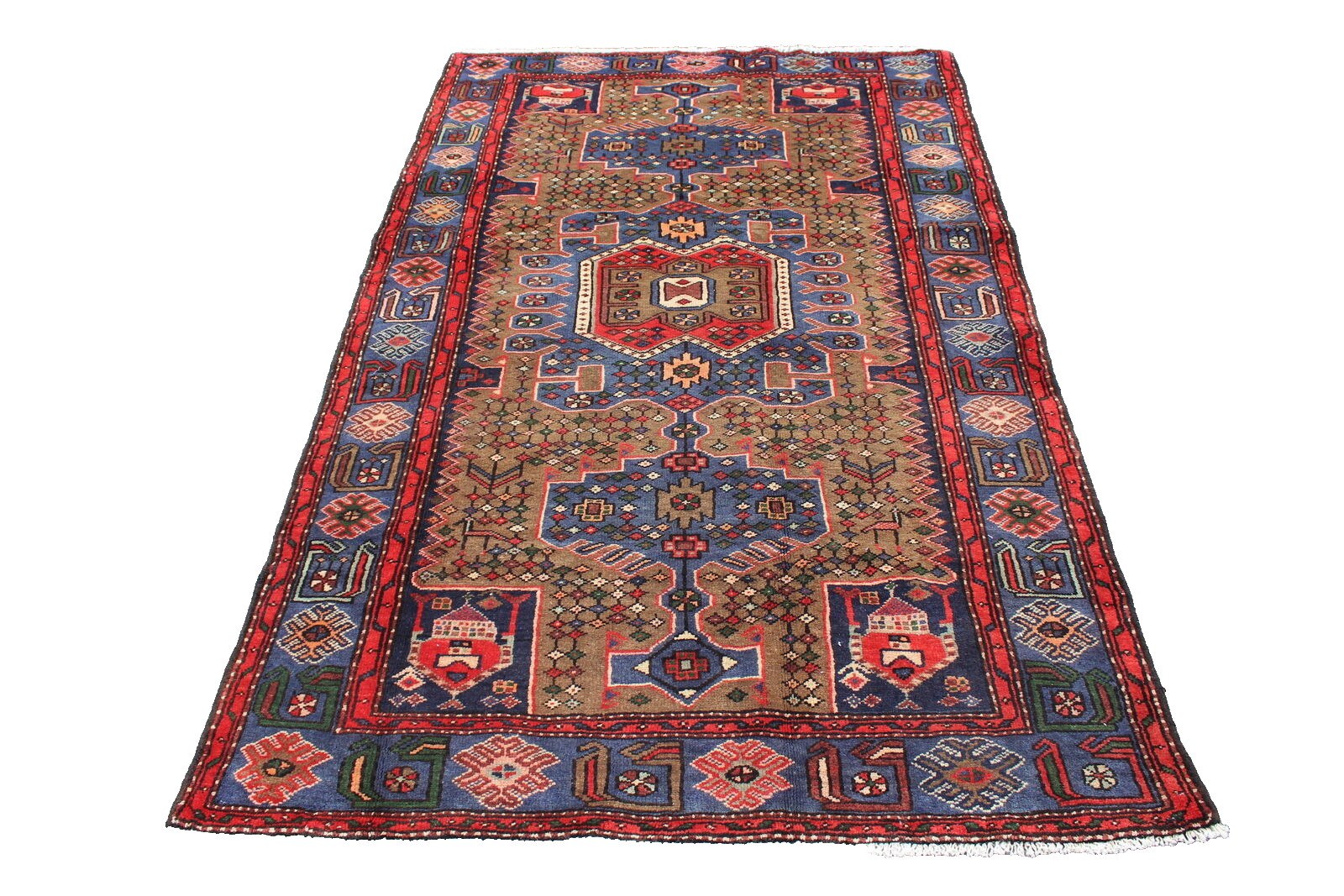 Geometric Nomadic Tribal Afghan 4′ 1″ x 6′ 8″ Blue Handmade Area Rug