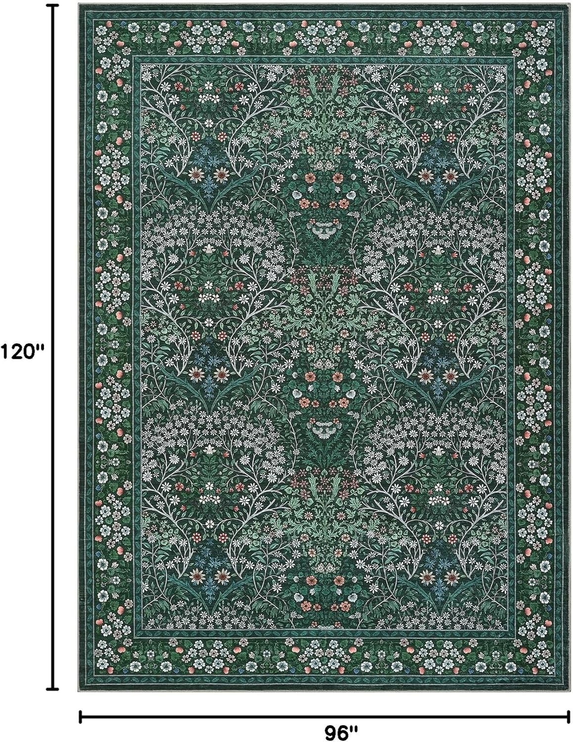 Luxurious 8×10 Low-Pile Floral Area Rug with Non-Slip Backing – Dark Green Style