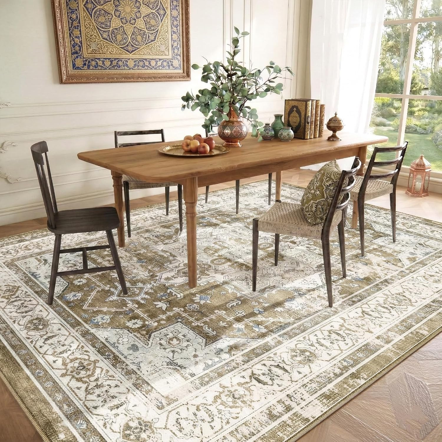 Vintage Boho 10×14 Washable Area Rug, Soft Non-Slip Distressed Carpet