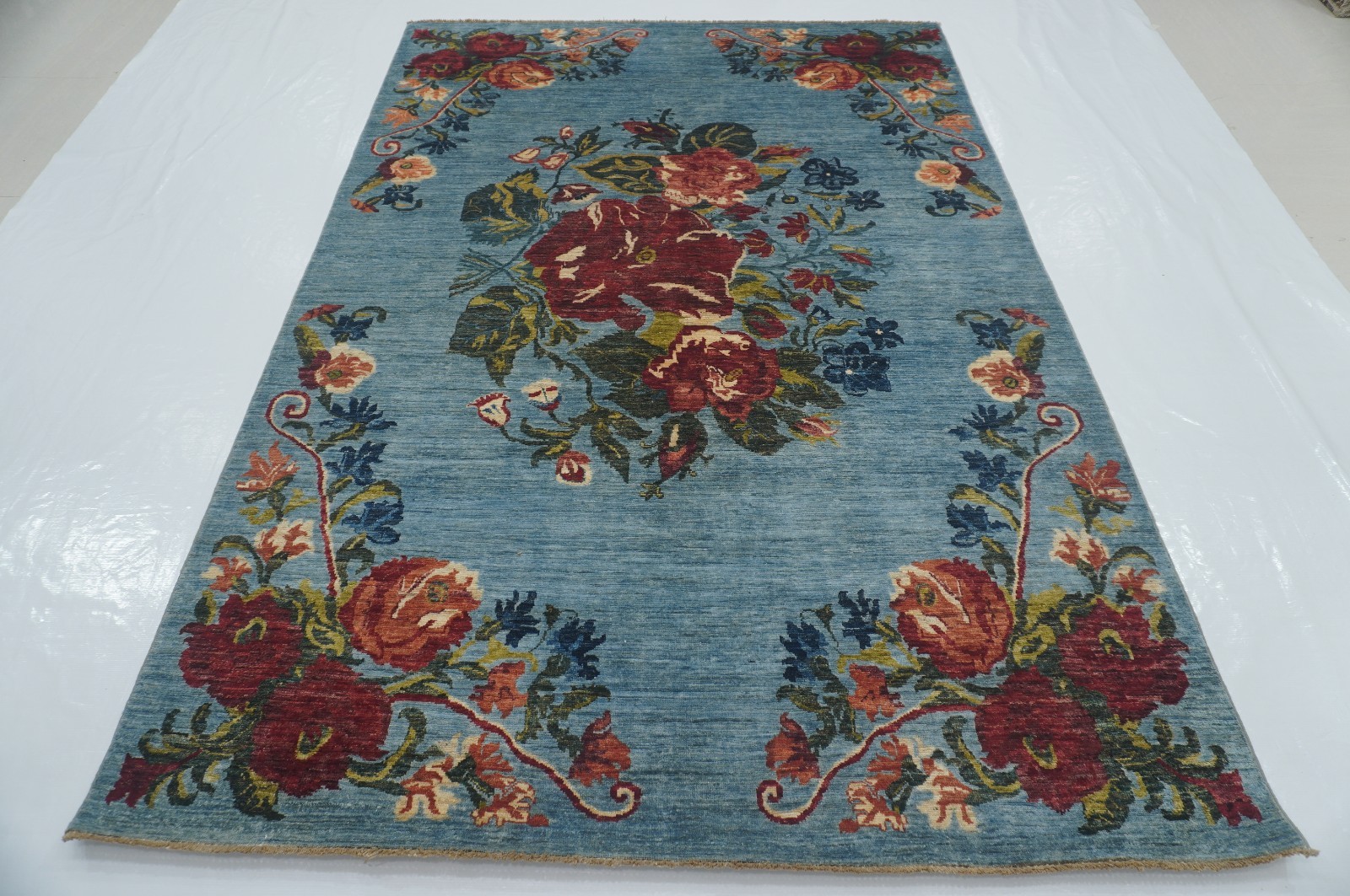 6×8 ft Blue Floral Afghan Hand Knotted Wool Area Rug