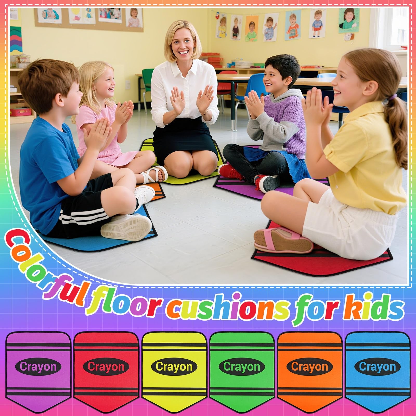 6pcs Crayon Carpet Seats for Classroom 14X17 Inch Colorful Floor Mat Small Cr…