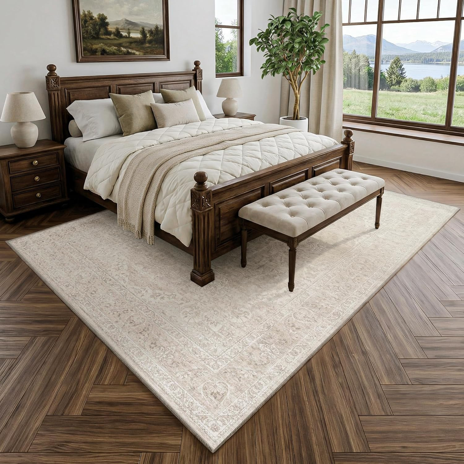 5X7 Washable Area Rug Neutral Beige Vintage Distressed Oriental Non Slip Low Pil
