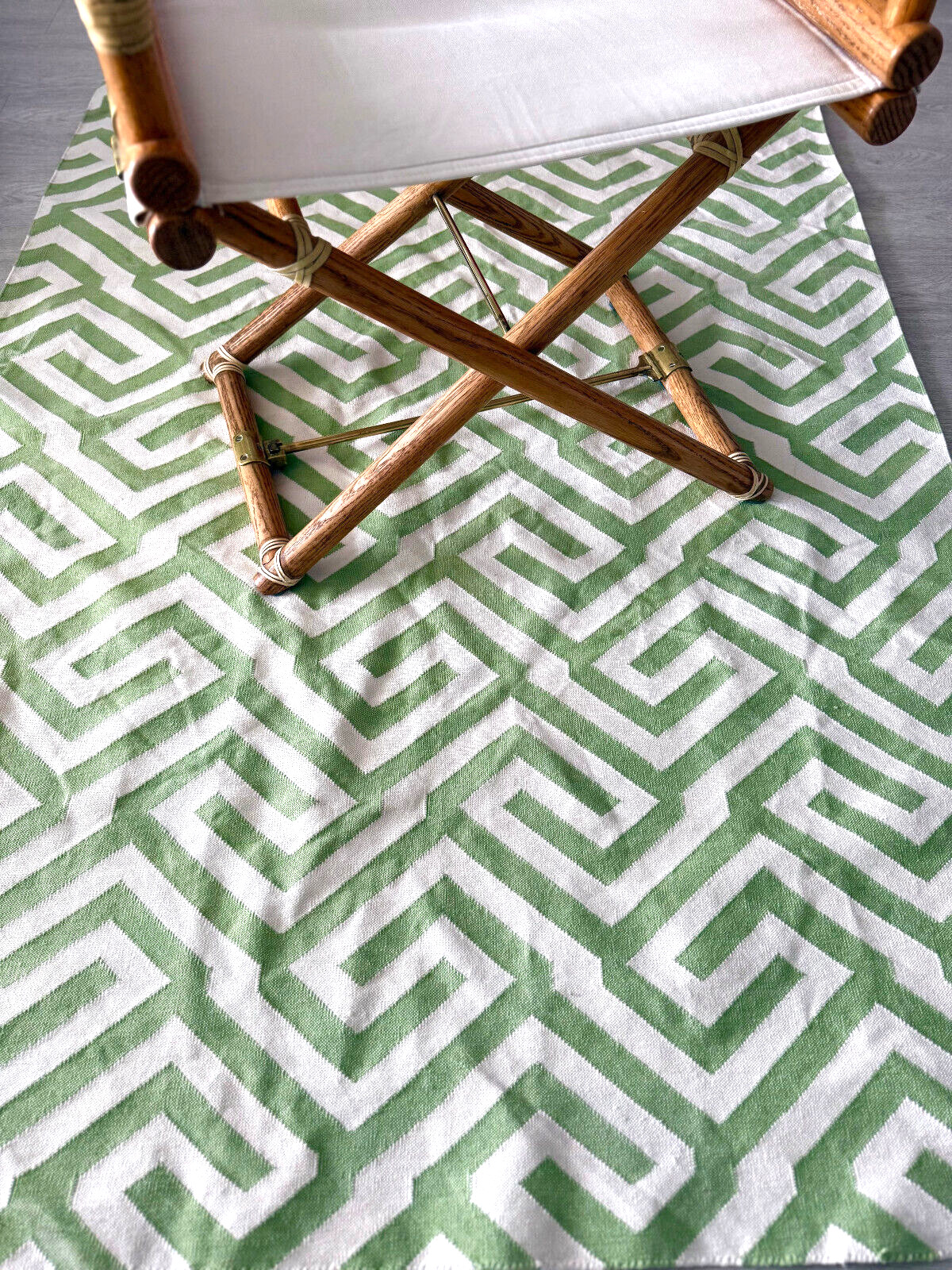 Green White Zig Zag Area Rug 71×49″ (6×4 ft) Geometric Greek Key Handwoven