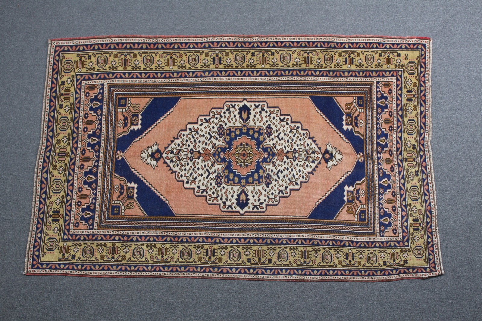 Vintage Area Rug 4,1×6,5 ft, Blue Brown Oriental Rug Wool