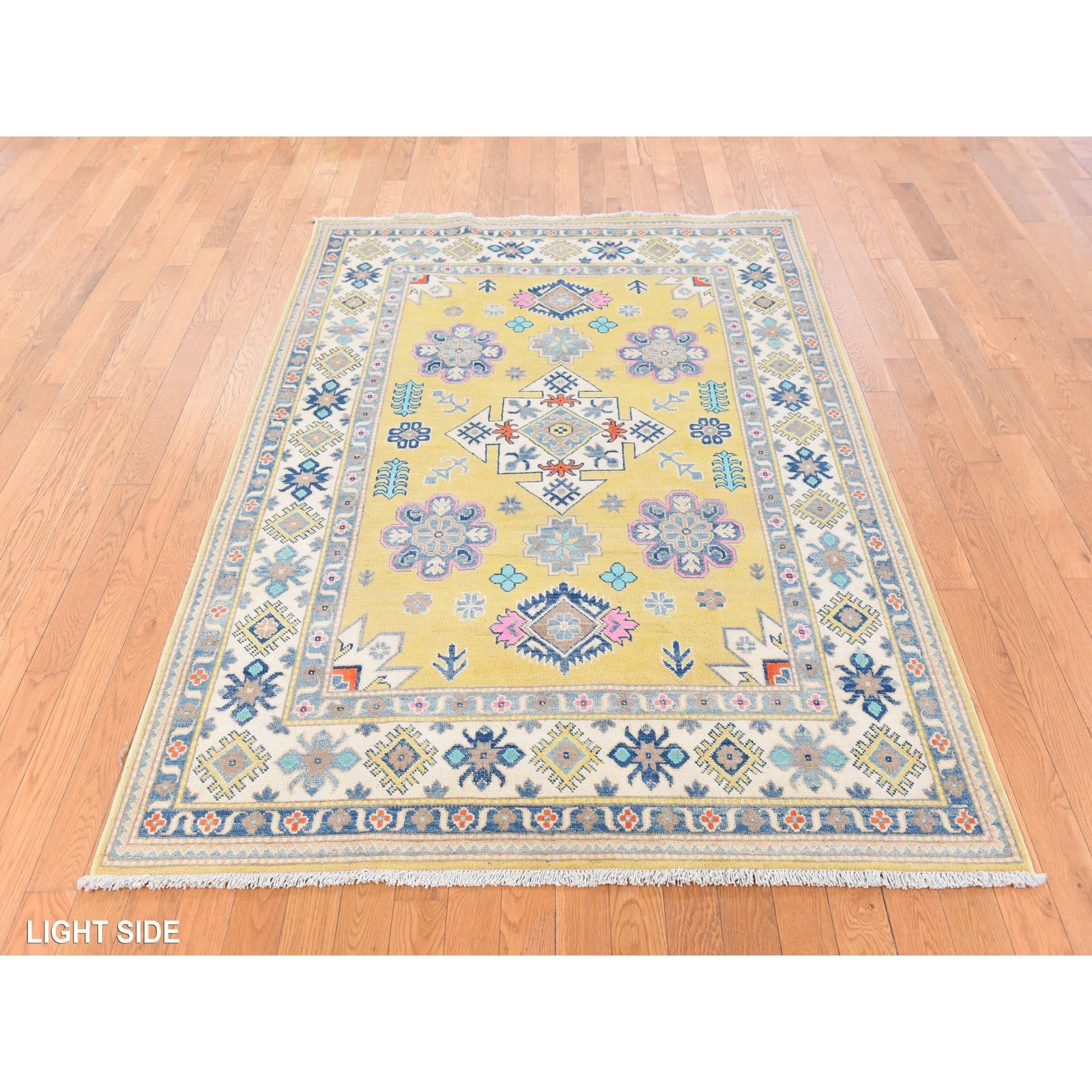 4’10″x6’6″ Yellow Fusion Kazak with Geometric Design Hand Knotted Wool Rug 78770