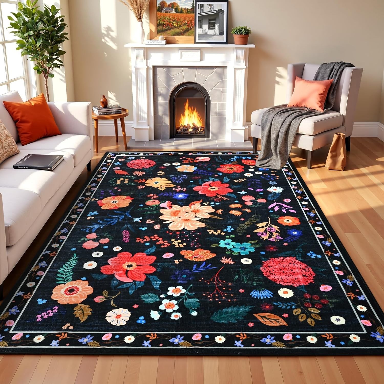 Floral Large Area Rug for Living Room, Washable 5×7 Black Christmas Rug Boho