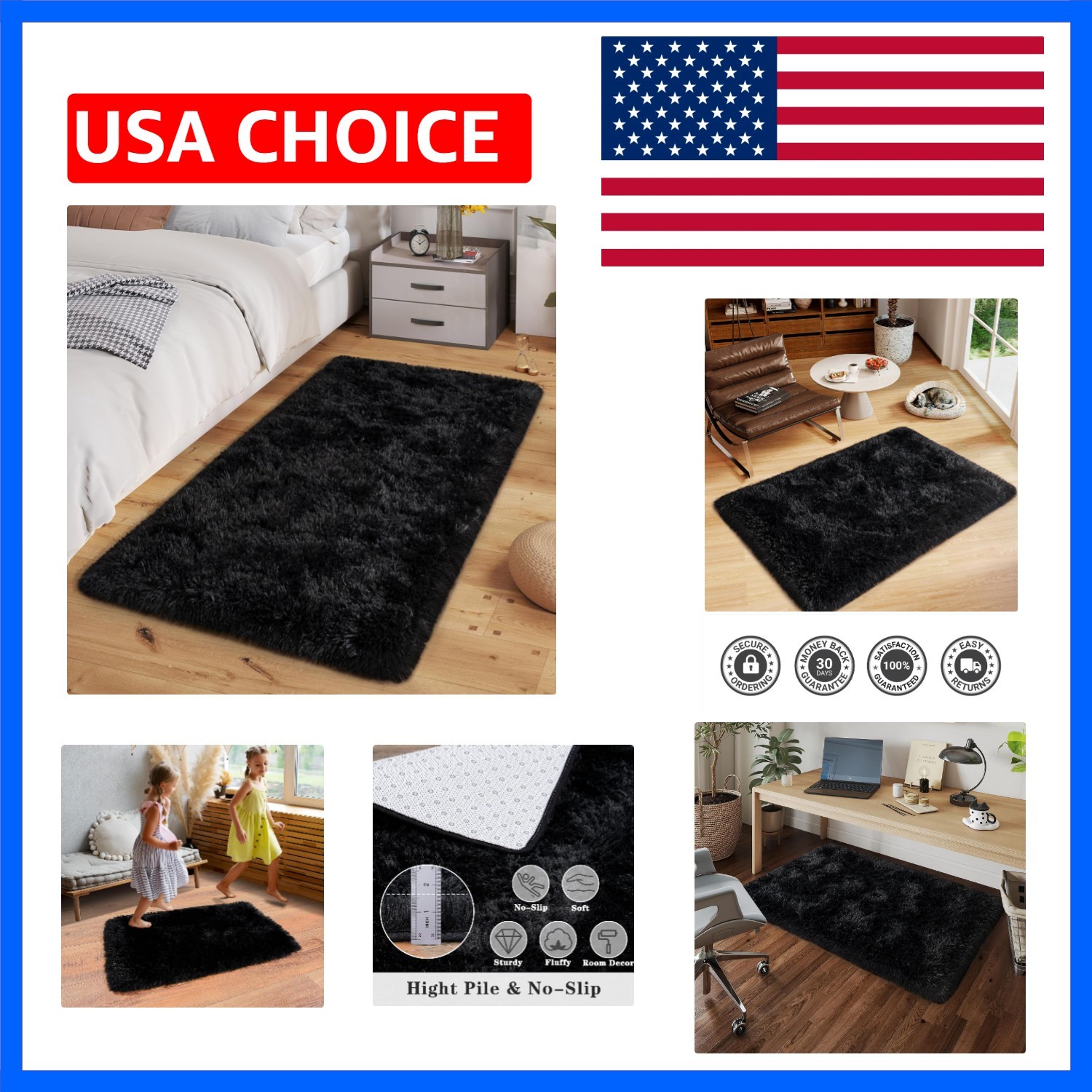 Super Fluffy Area Rug for Bedroom, Modern Shag Black Small Throw Rugs, Soft a…