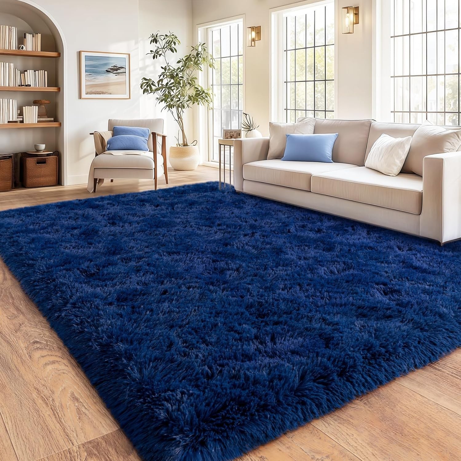 Fluffy Area Rug Large Dark Blue Soft Shaggy Carpet for Living Room Bedroom Floor