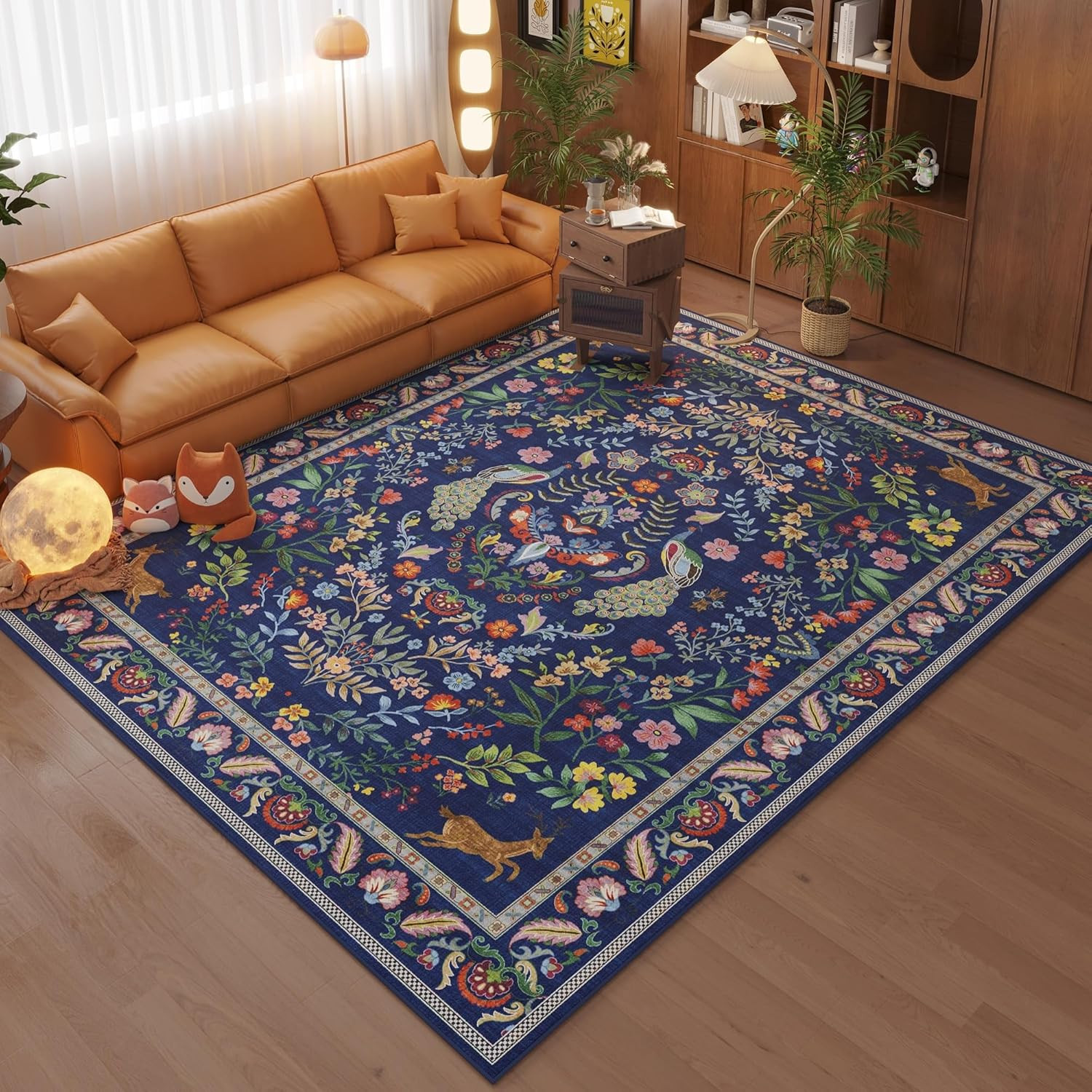 Living Room Rug 5X7 Rug Machine Washable Area Rug Floral Non-Slip Low Pile Large