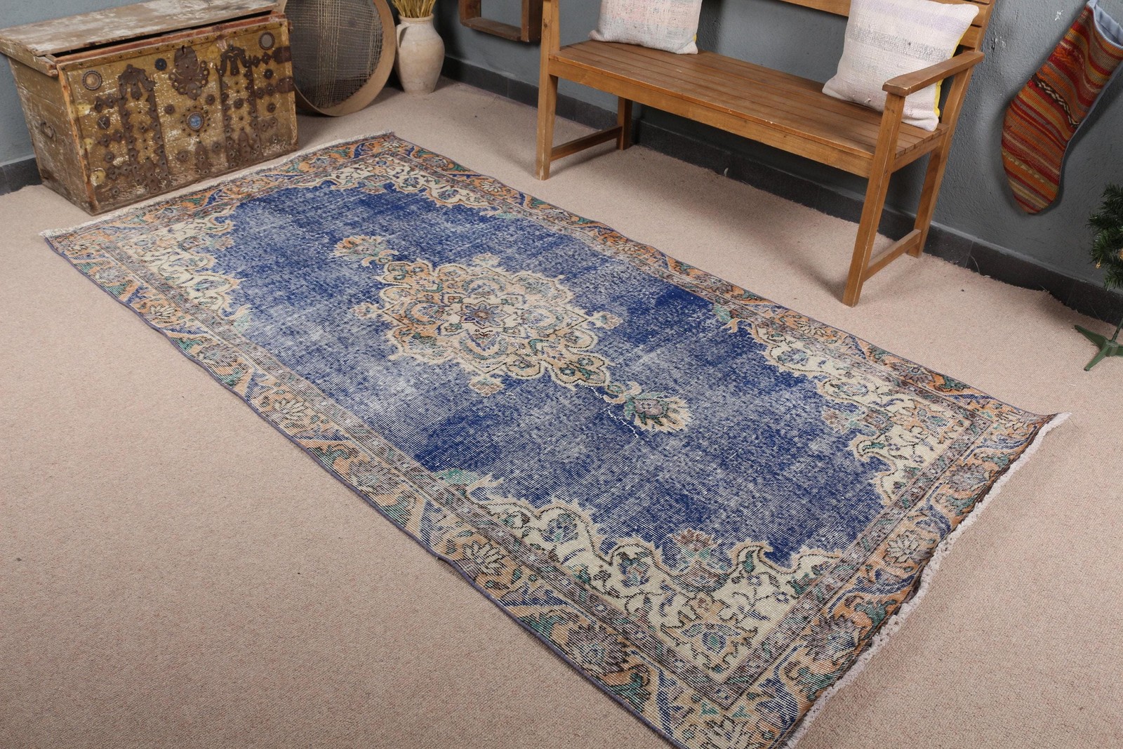 Rug, 4,3×8,4 ft Vintage Rug, Blue Striped Rug Wool