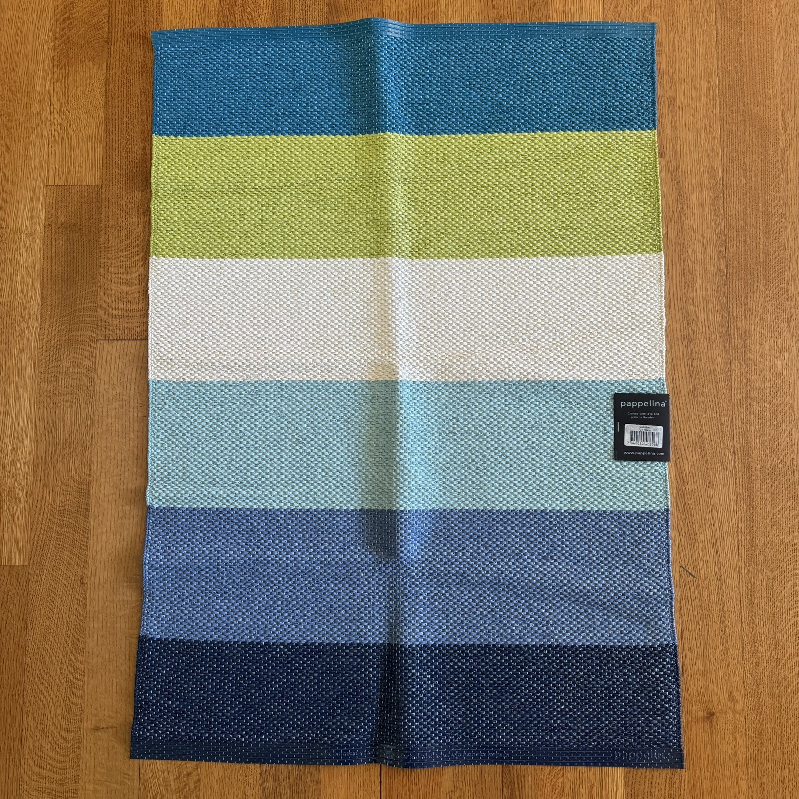 NWT Pappelina Molly Blue Reversible flat Woven Striped Blue Green Rug Swedish