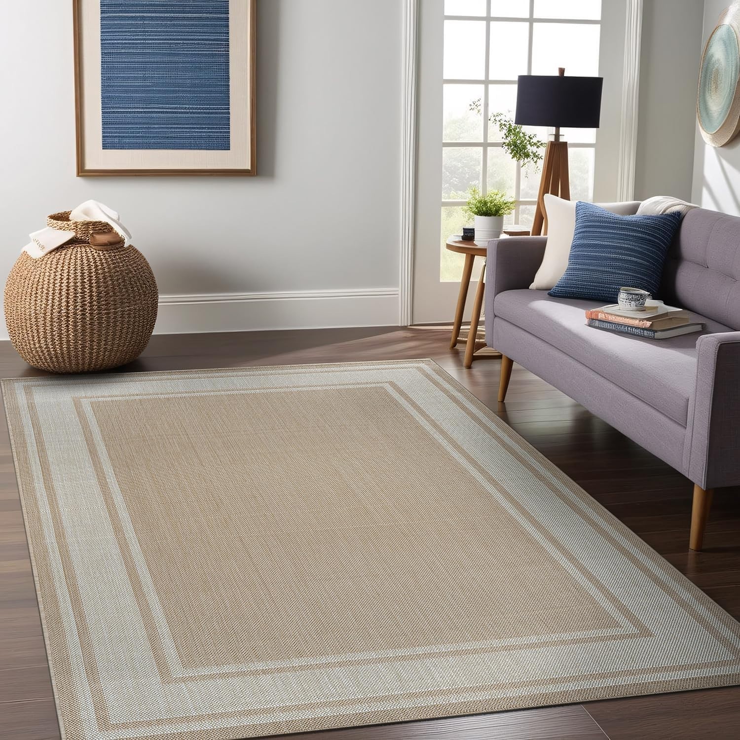 Durable Outdoor Rug 5×7 Beige Machine Made Easy Clean for Kids and Pets