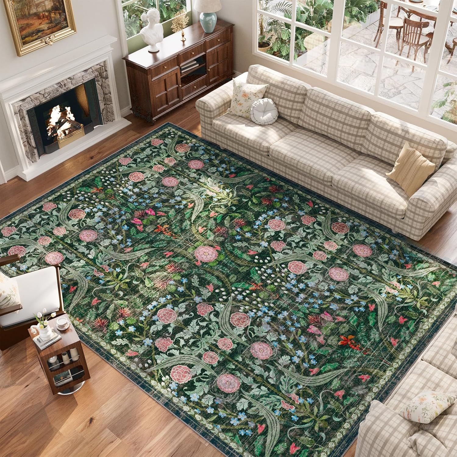 8×10 Washable Area Rug Non Slip Boho Floral Vintage Living Room Carpet Green