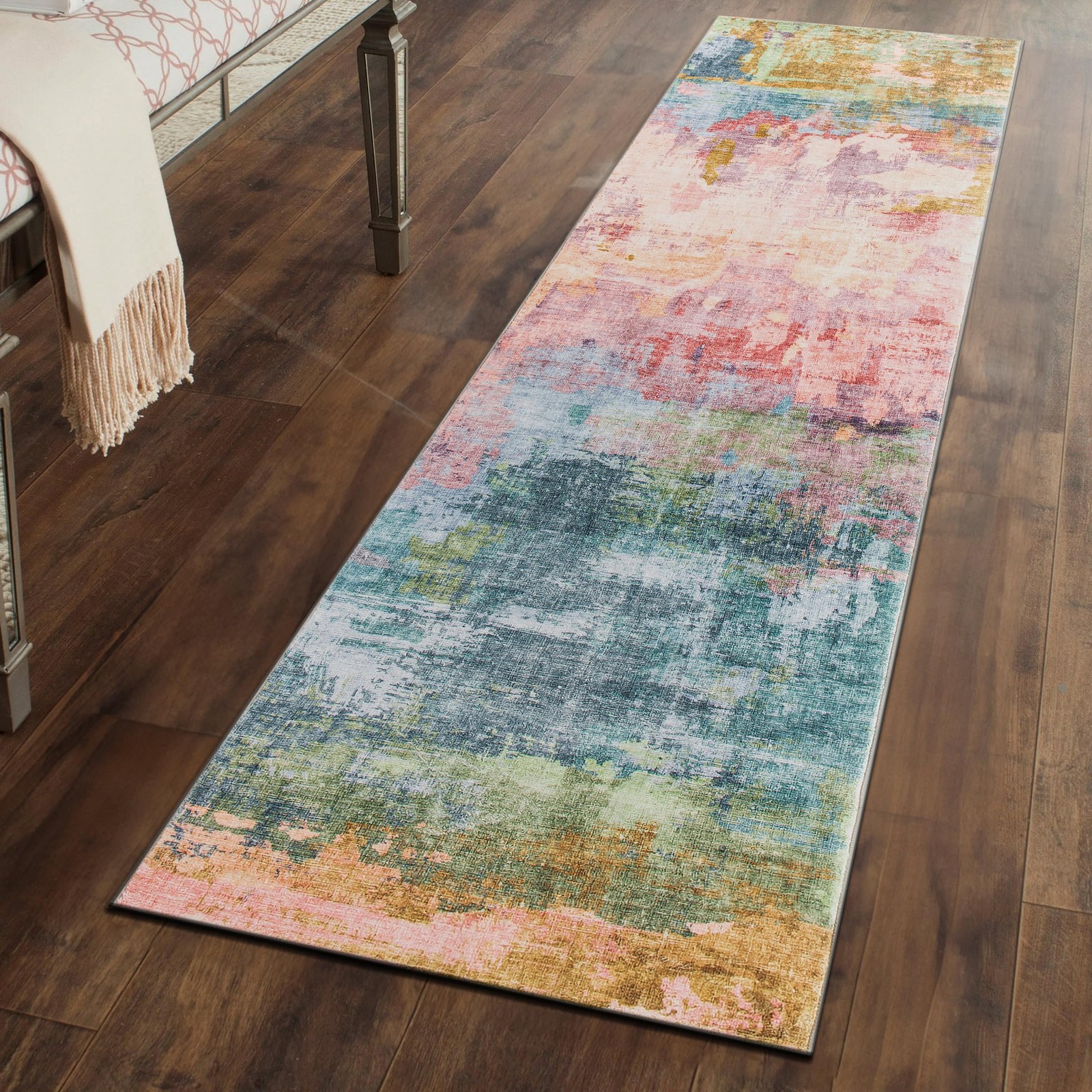 Contemporary Distressed Abstract Washable Non Slip Runner Rug 2′ x 10′ Multi