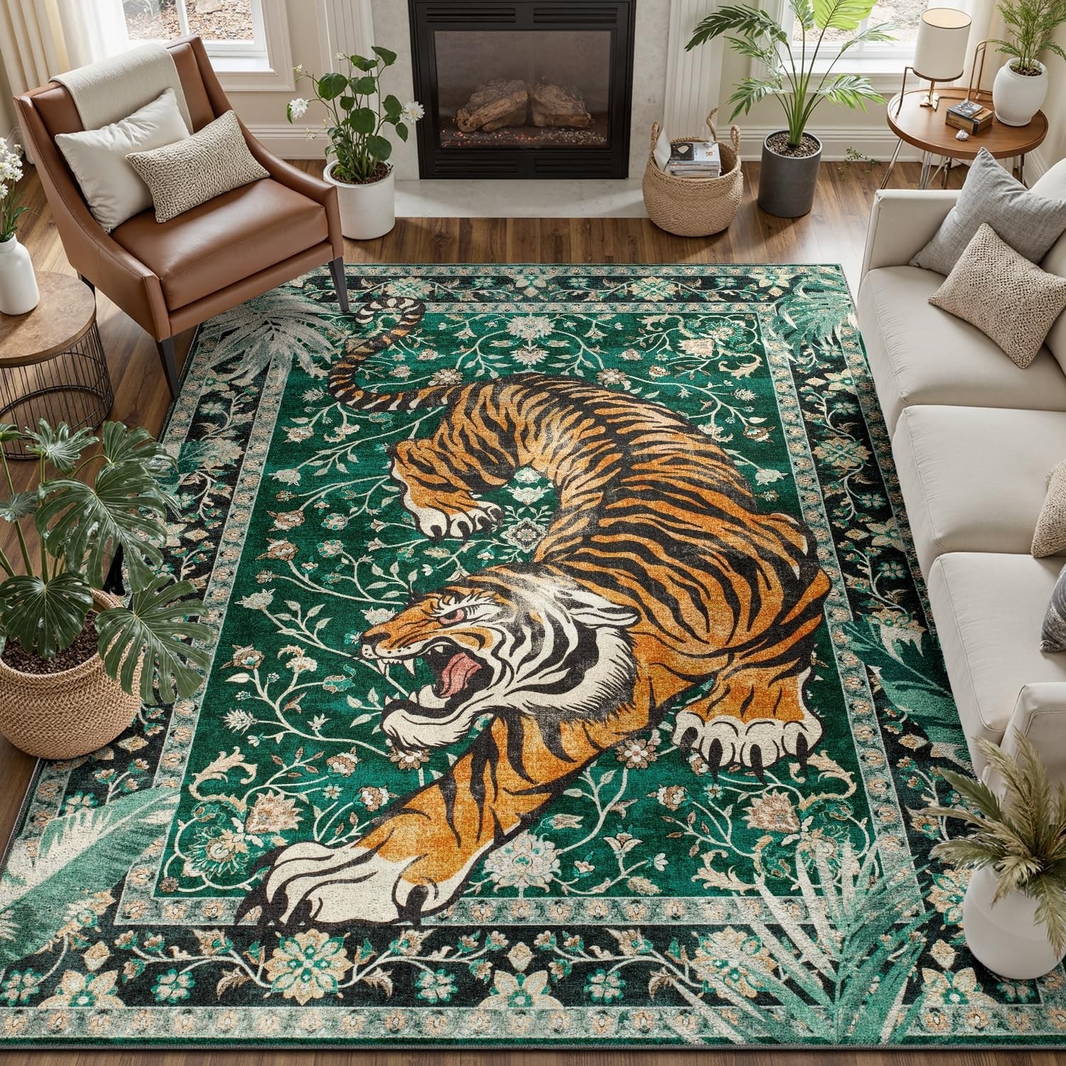 Tiger Print 5X7 Washable Rug for Living Room, Boho Green Cheetah Bedroom Area Ru