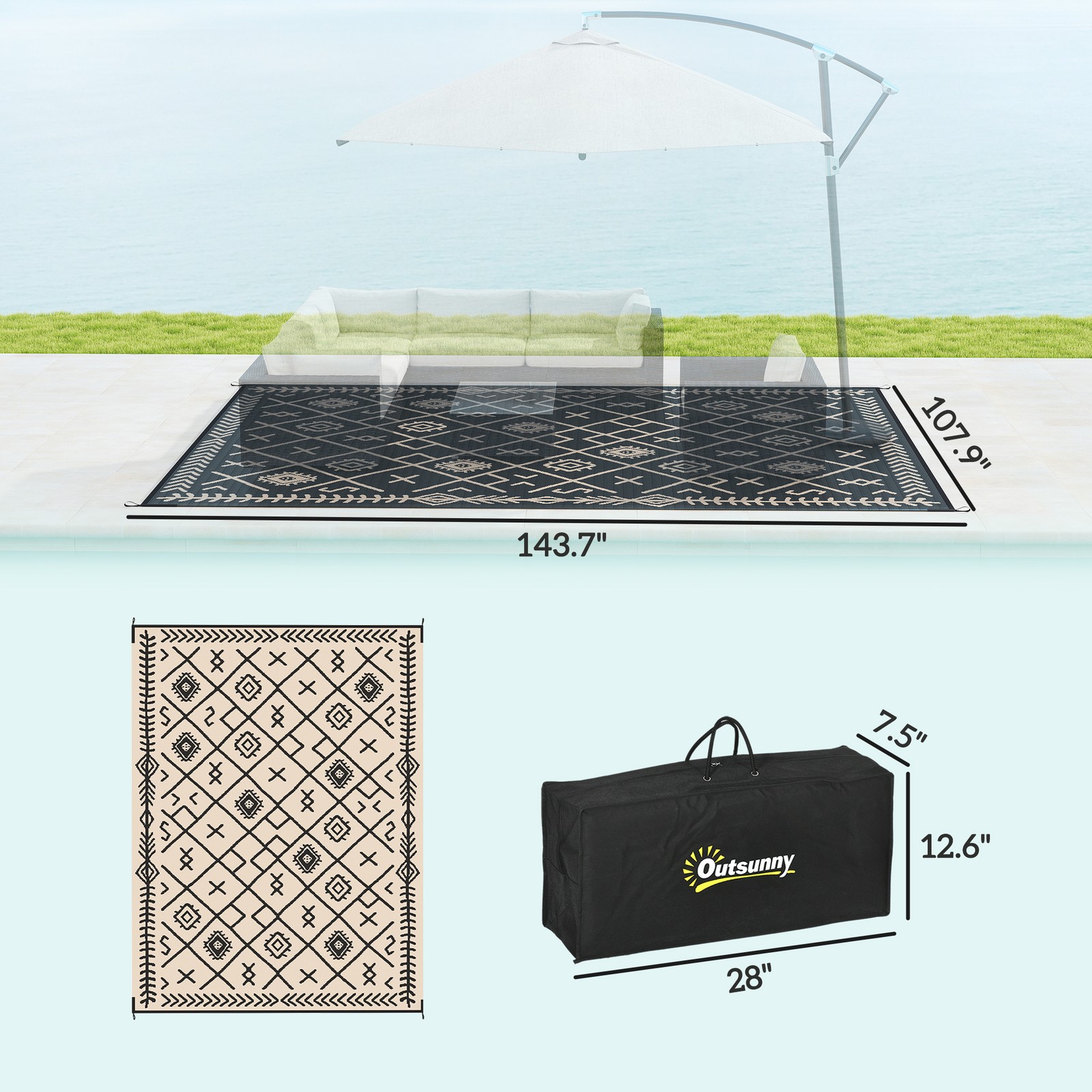 Black Beige Rhombus Outsunny Outdoor Rug, 9′ x 12′ Floor Mat