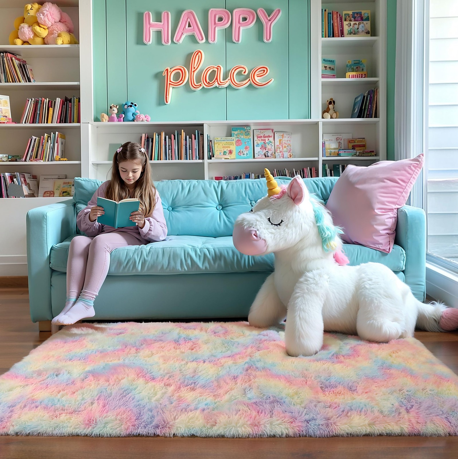 Washable 4×6 Rainbow Fluffy Shaggy Area Rugs, Kawaii Princess Soft Plush Carp…