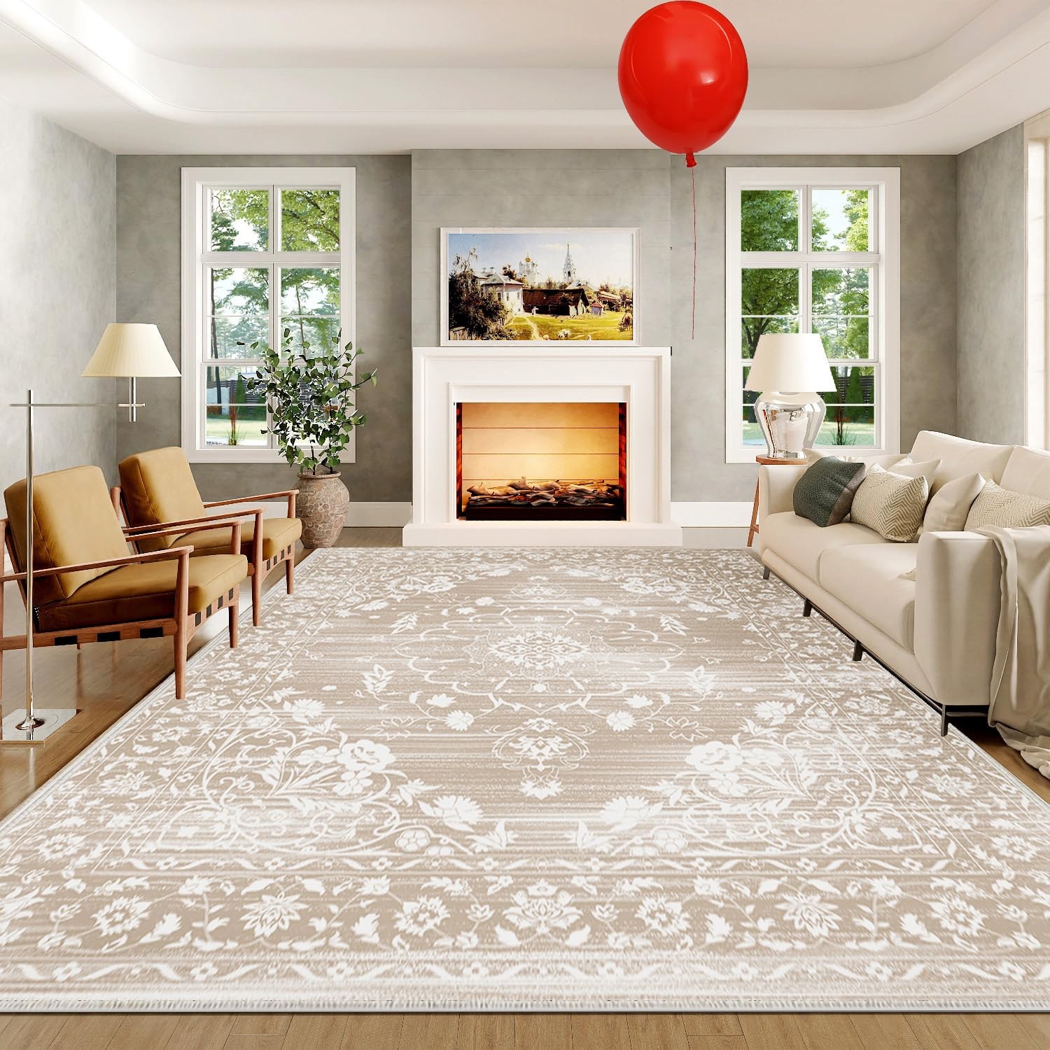 Beige Boho Vintage Area Rug 8’x10′ Non-Slip Washable for Living Room – Soft