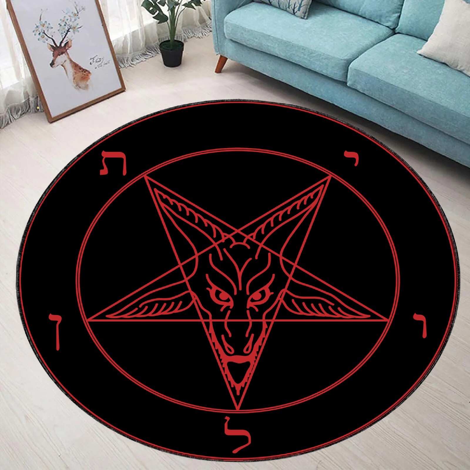 Dark Occult Rug, Red Black Mat, Gothic Floor Art, Satanic Symbol Decor, Satan