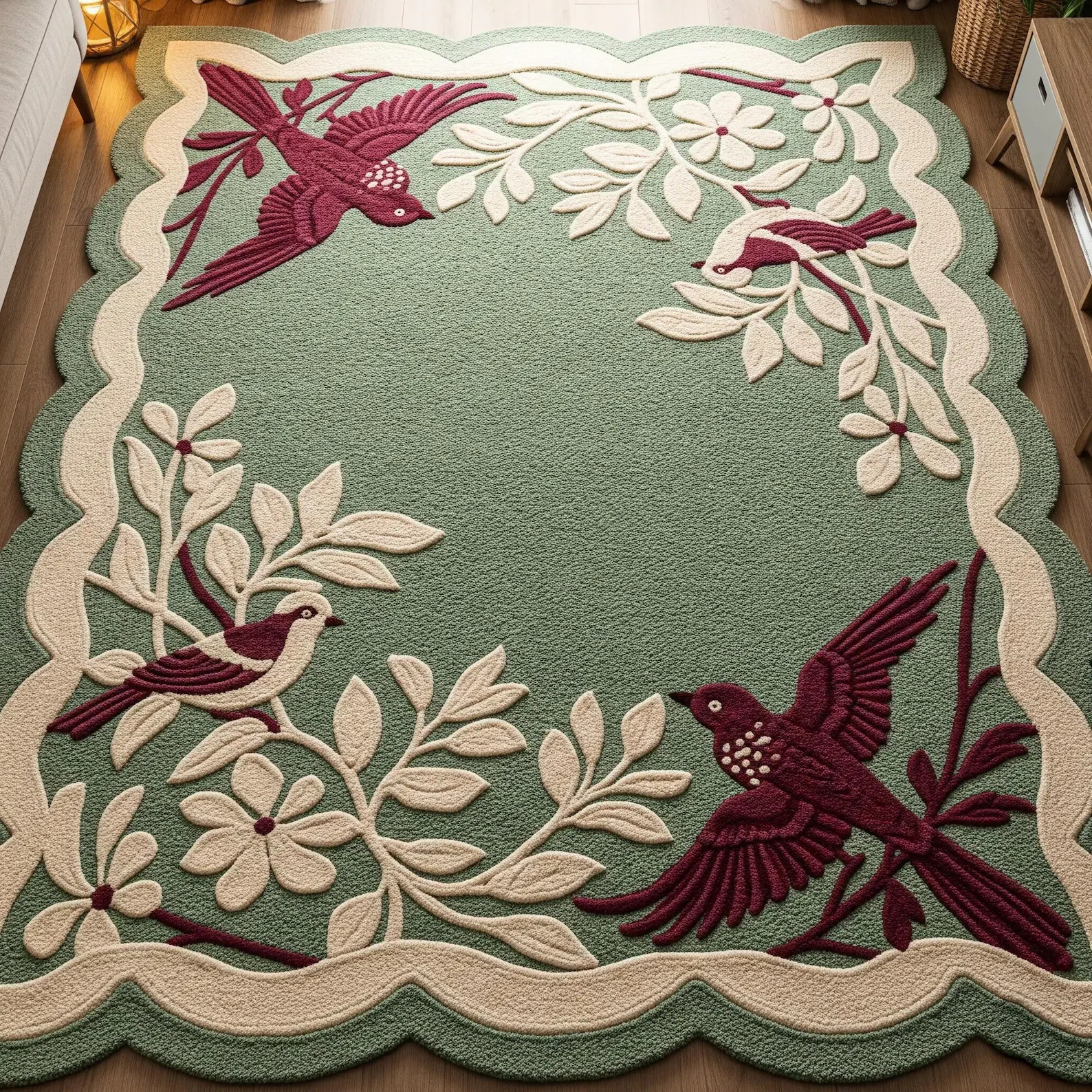 Sage Green Deep Red Cream Floral Bird Hand Tufted Scalloped Wool Rug for Bedroom