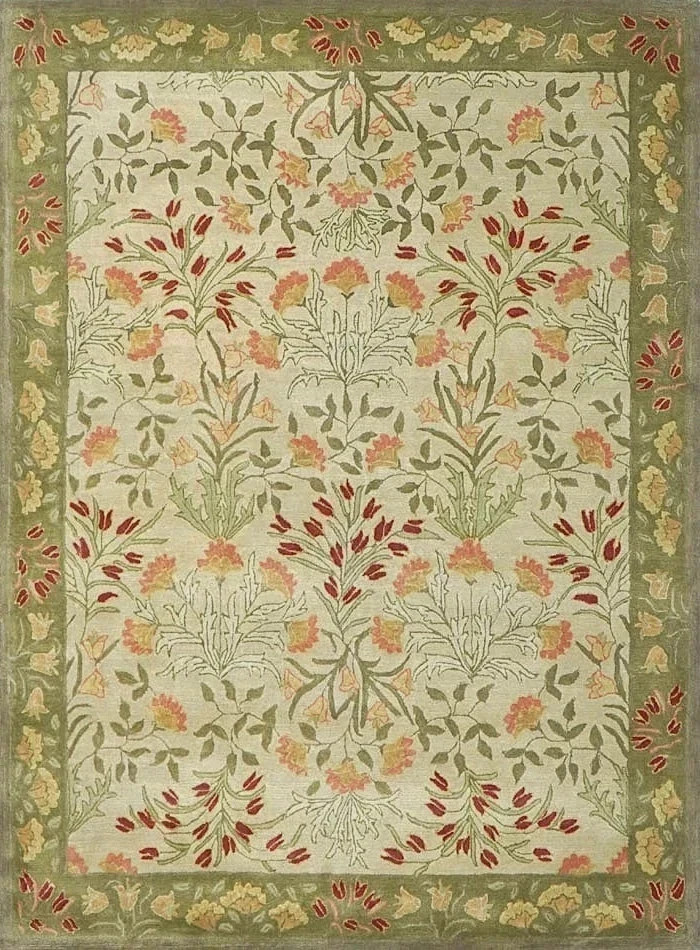Vintage William Morris Style Wool Rug – Sage Green Floral Botanical Hand-Tufted