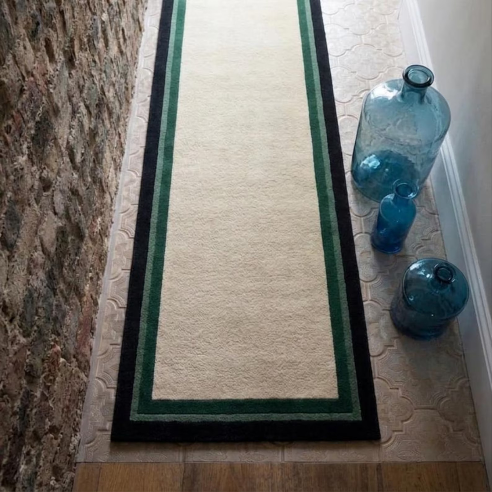 Green Black and Beige Border Rug, Minimalist Stair Runner Hand Tufted Area Rug