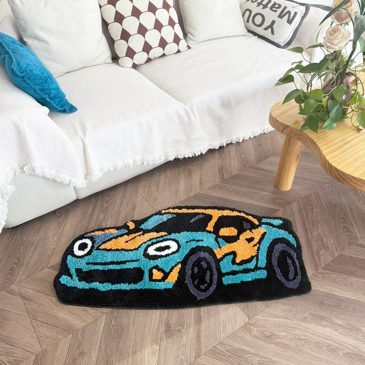 Racing Car Shaped Cool Gamer Rug, Cartoon Sports Car Irregular Tufted Rug, Soft