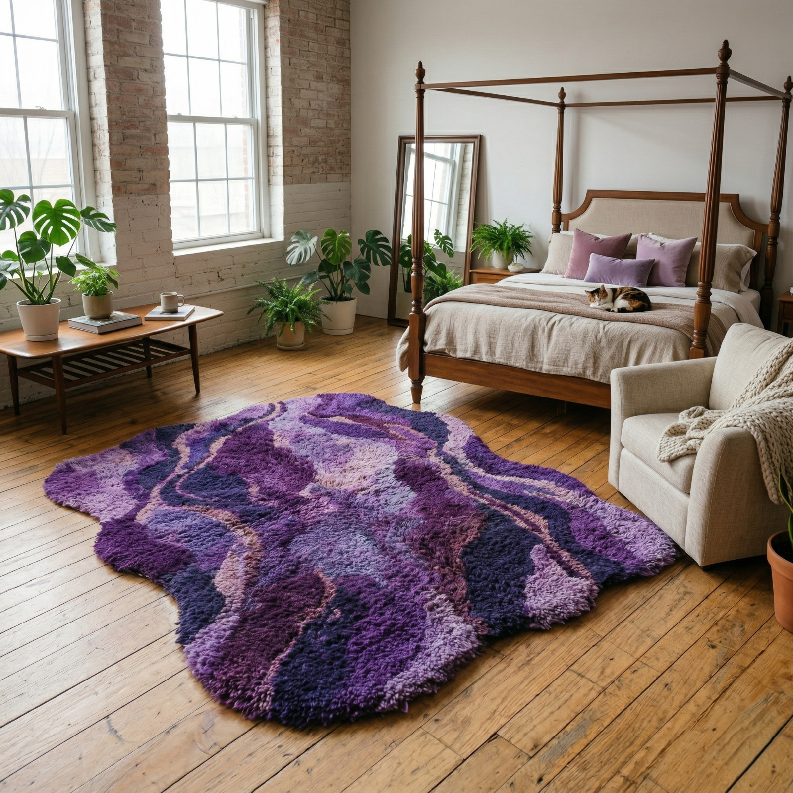 8×10 Hand Tufted Wool Area Rug Purple Abstract Handmade Living Room Carpet