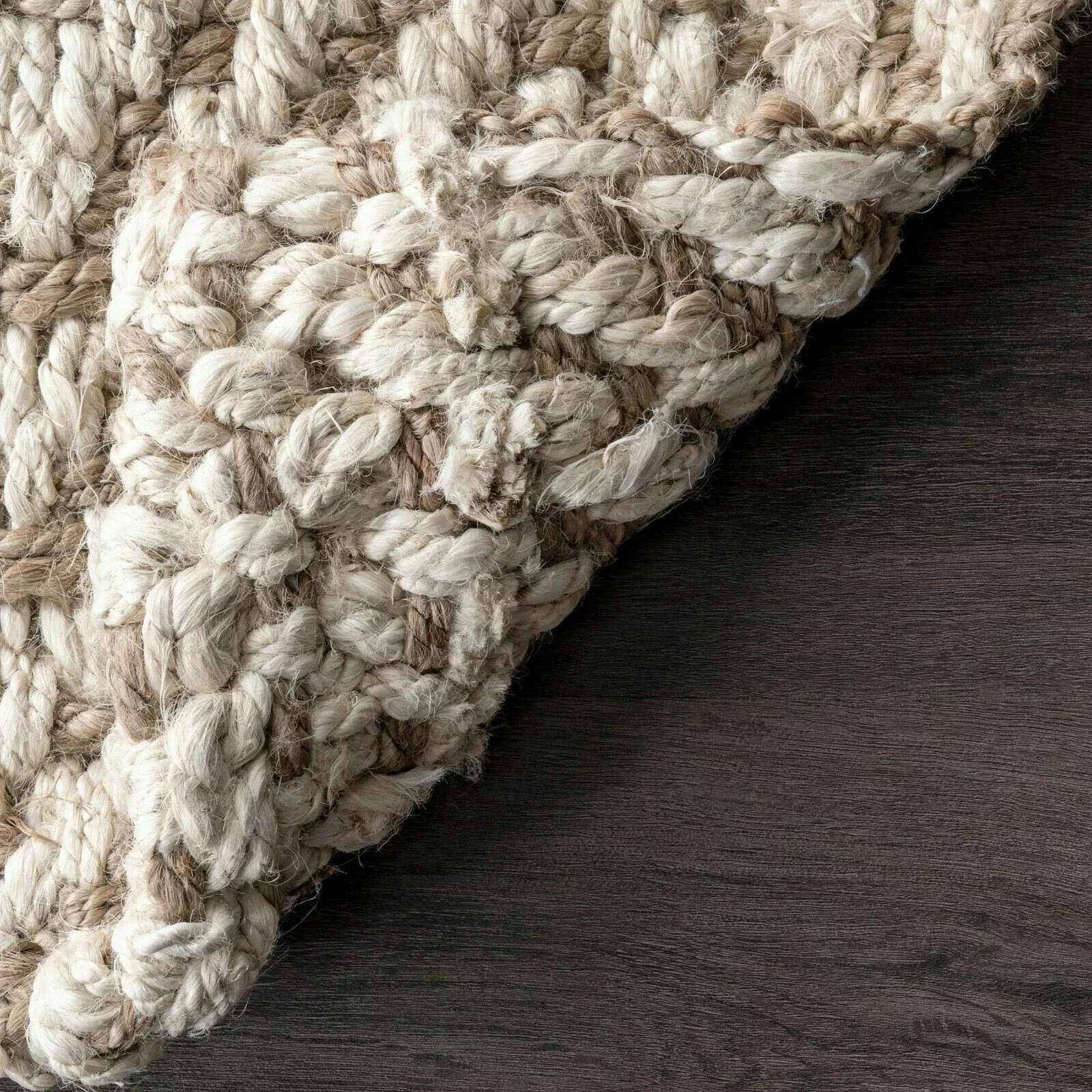 Hand Made Natural Jute and Wool Blend Area Rug with Fringe in Tan
