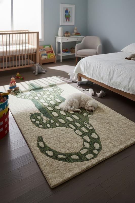 Hand-Tufted Wool Area Rug – Playful Alligator Design (5×8 Ft) – Soft & Plush