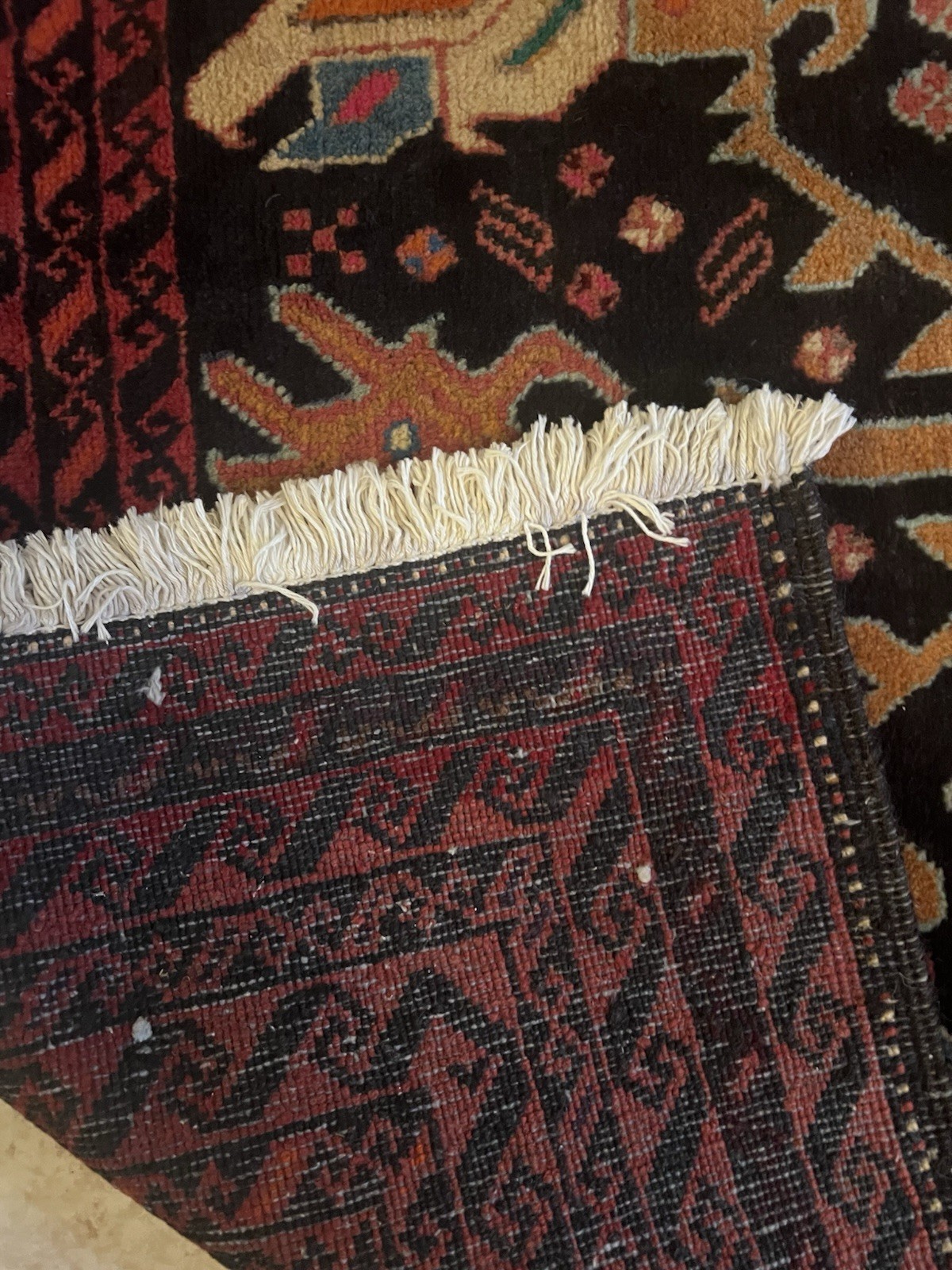 Baluchi Pictorial Wool Rug Vase Animal Symbols Afghan Fringe Carpet 3 ft by 7 ft