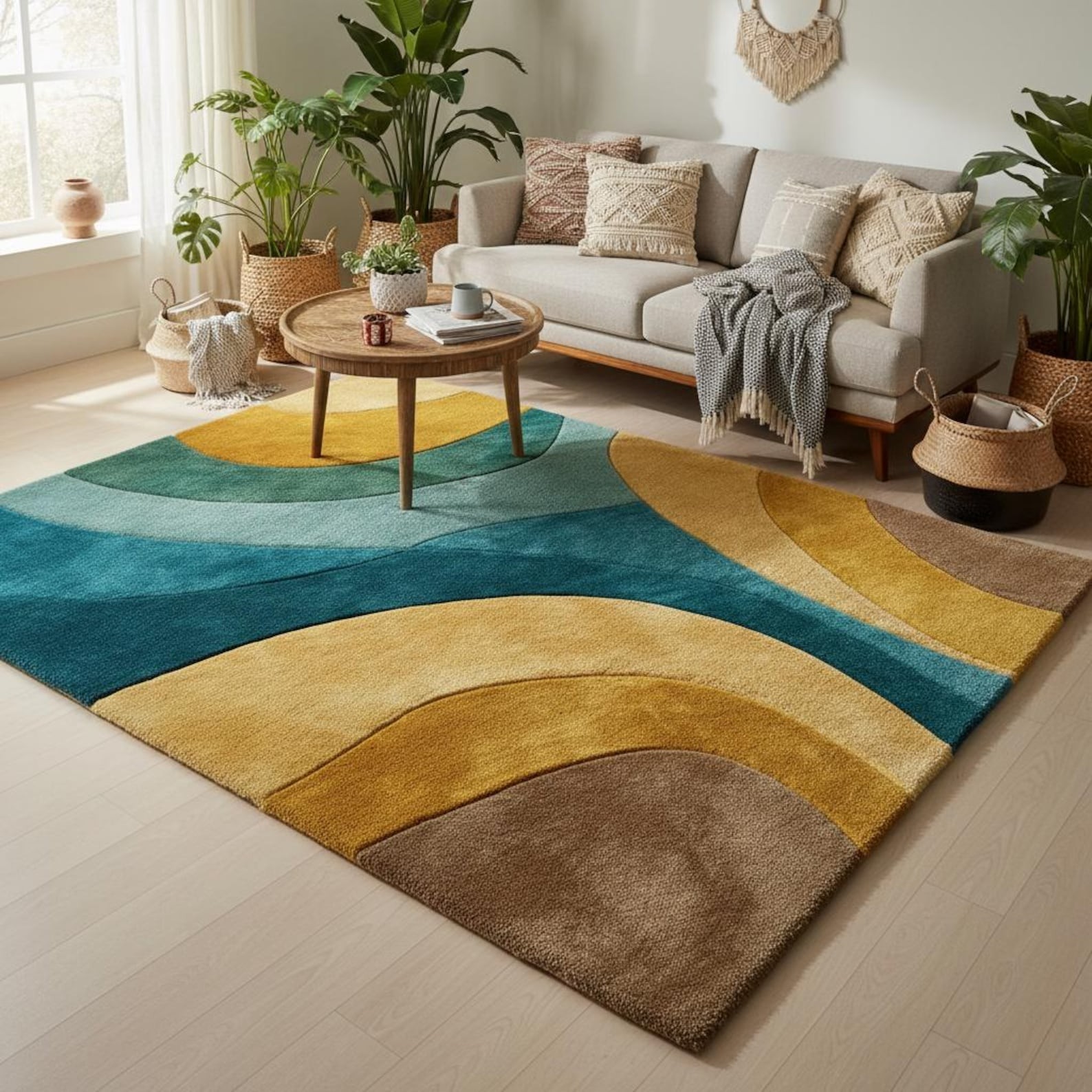 Retro Abstract Wave Wool Rug – Teal Mustard Modern Area Rug, Hand Tufted Carpet